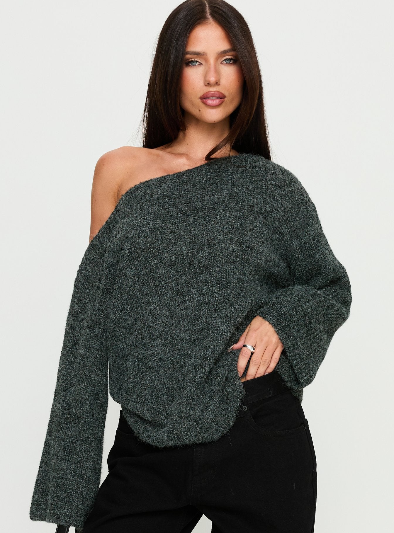 Alternative view of Delyn Off Shoulder Slouchy Knit Sweater Black Marle