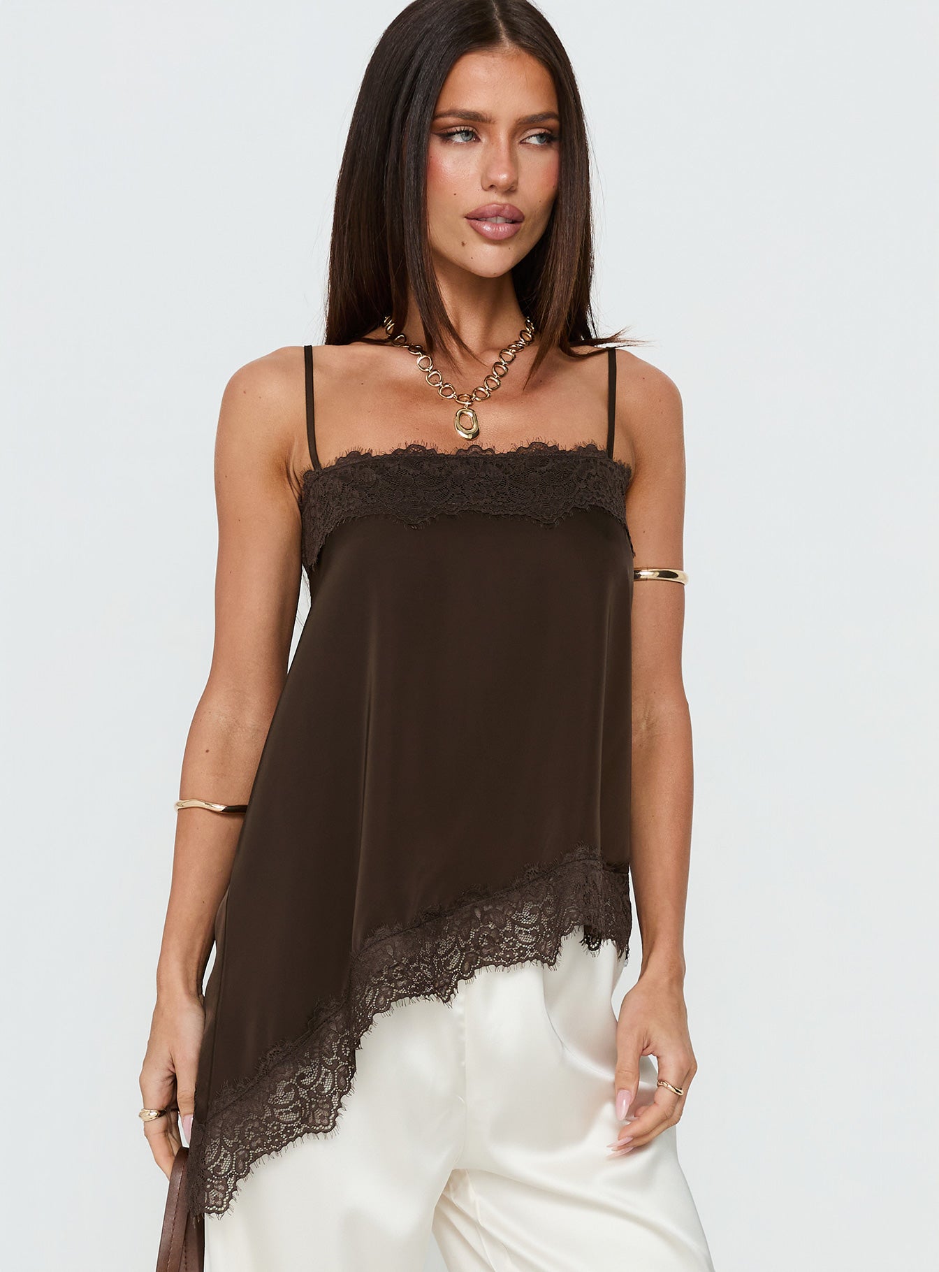 Alternative view of Daesa Longline Lace Top Brown