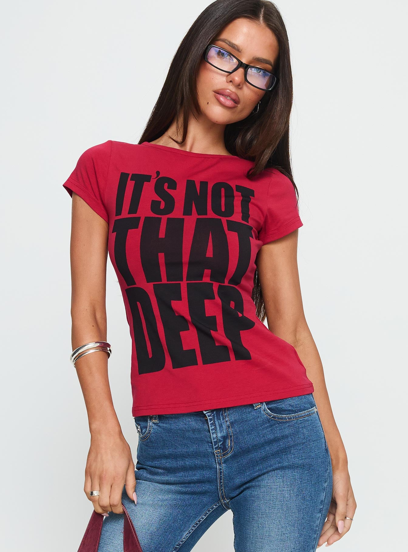 Alternative view of It's Not That Deep Graphic Baby Tee Red