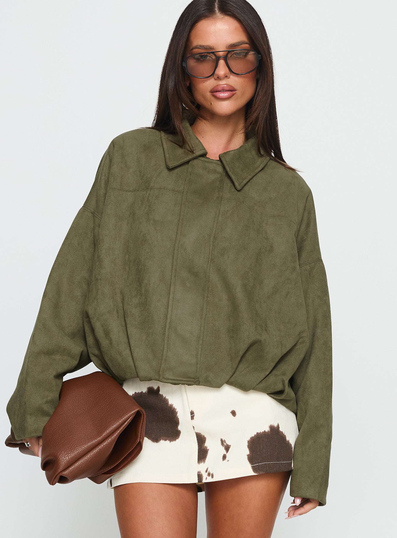 Alternative view of Enlightened Faux Suede Bomber Jacket Khaki