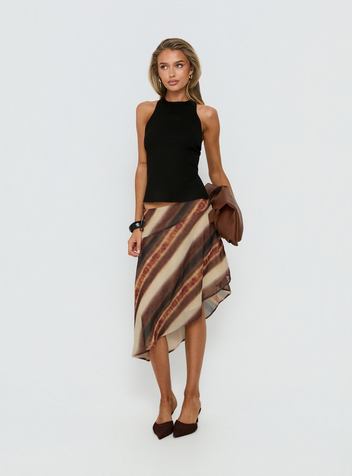 Alternative view of Esmira Asymmetrical Midi Skirt Brown Stripe