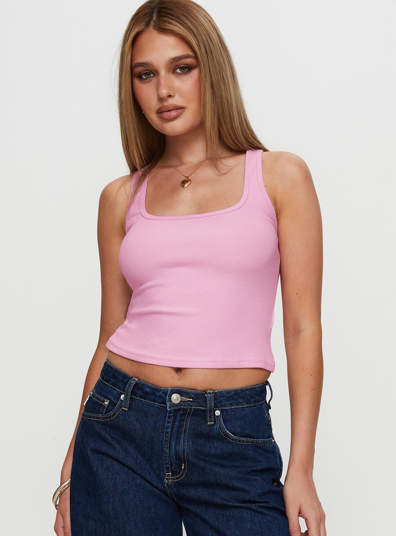 Alternative view of Baseline Square Neck Rib Tank Top Pale Pink