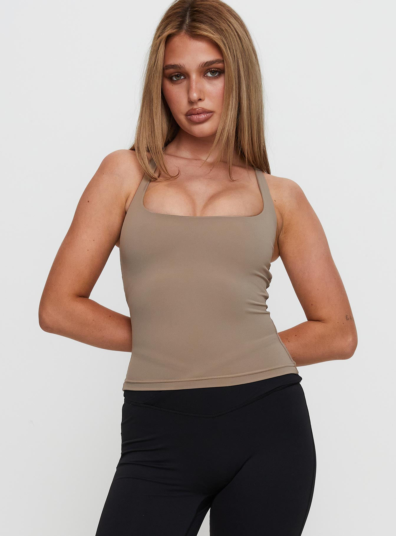 Alternative view of Layup Active Longline Cross Back Top Taupe