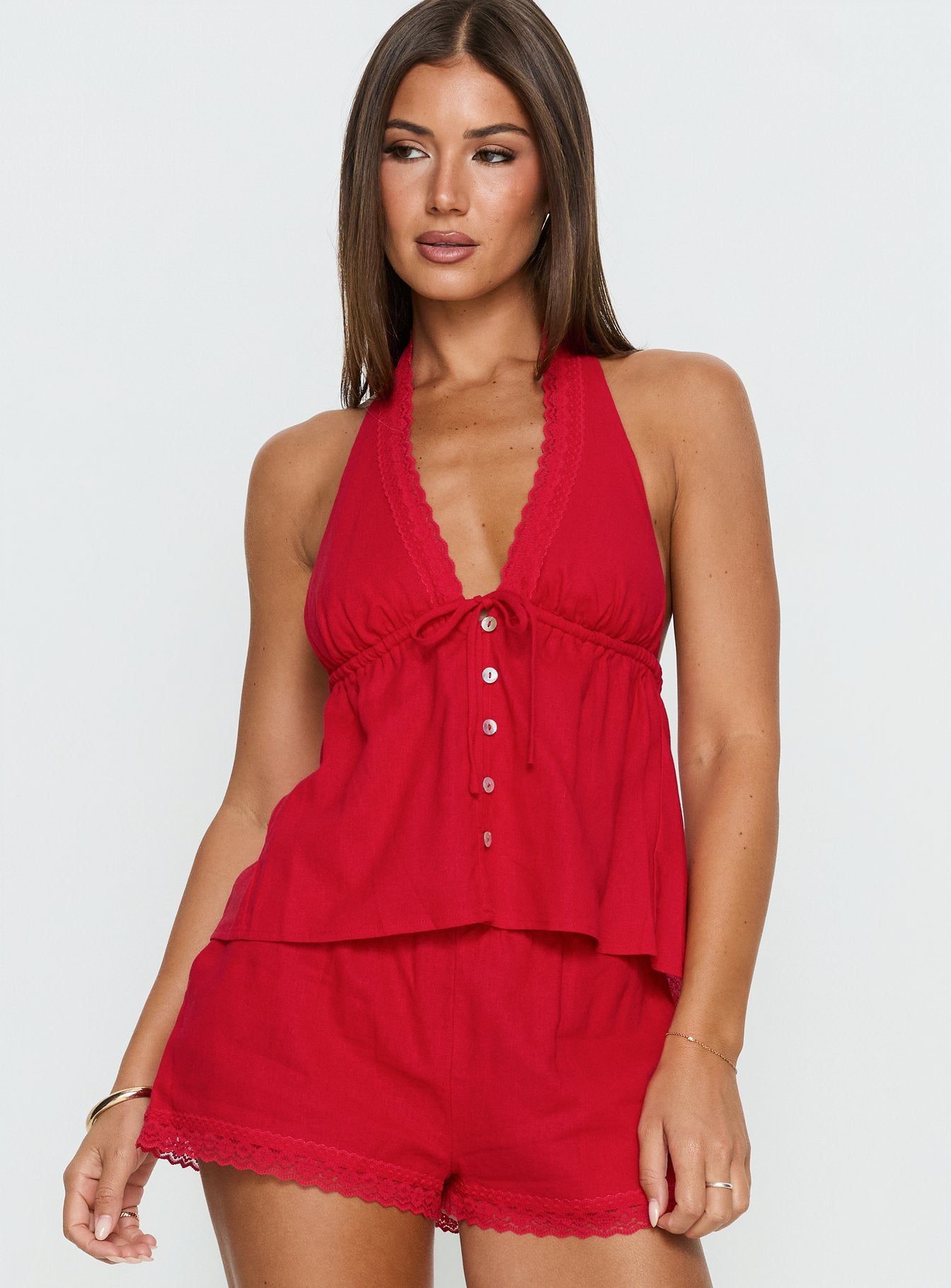 Alternative view of Cloud Crush Linen Halter Top Red