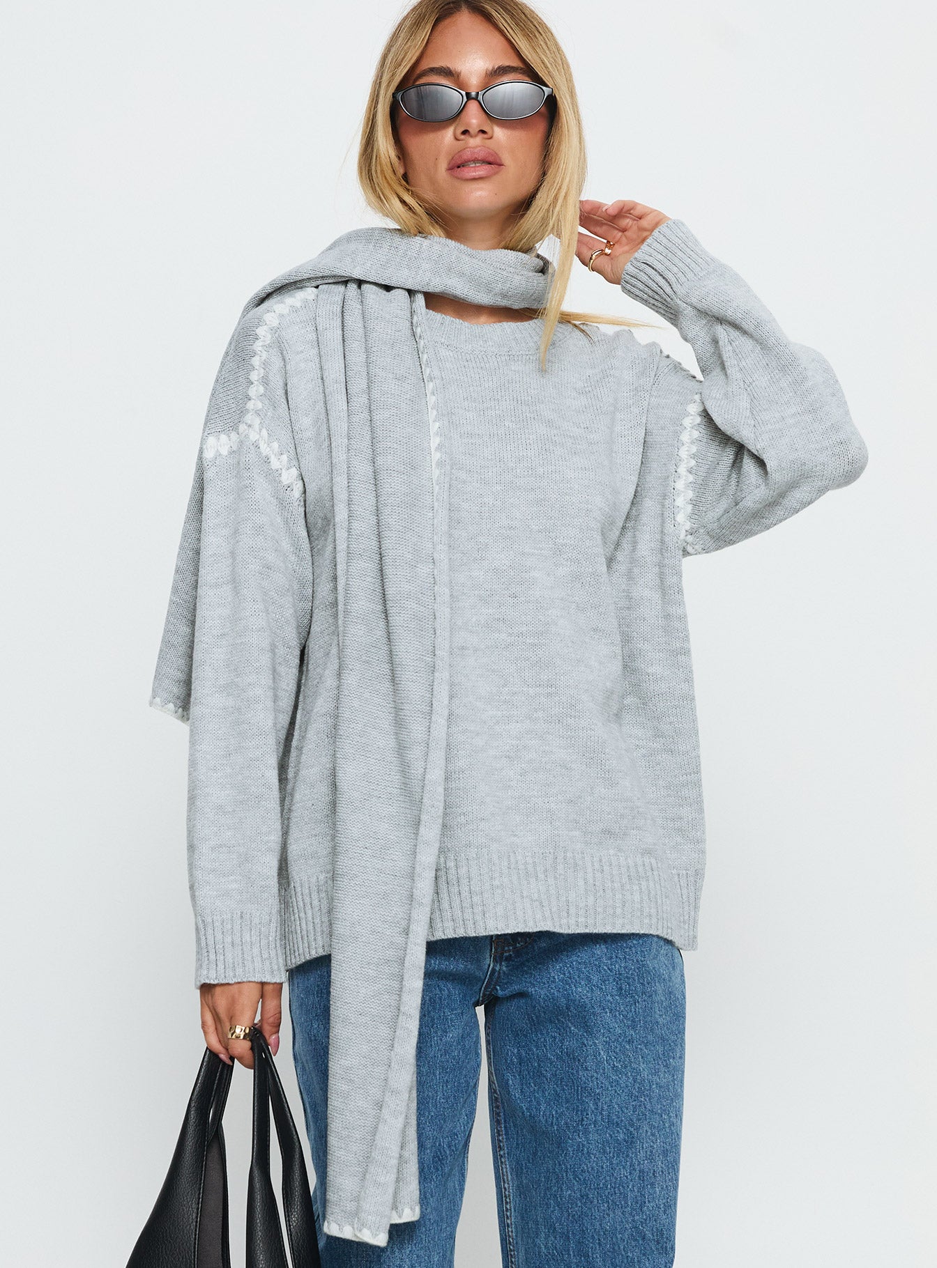 Alternative view of Keriana Contrast Stitch Knit Sweater Grey / White