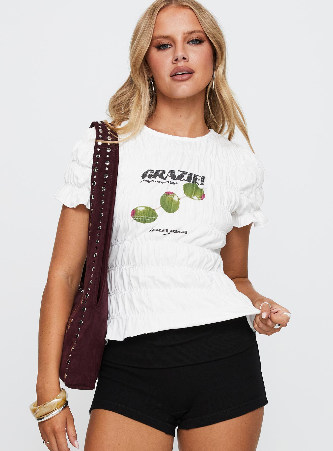 Alternative view of Grazie Mille Shirred Graphic Top White / Green
