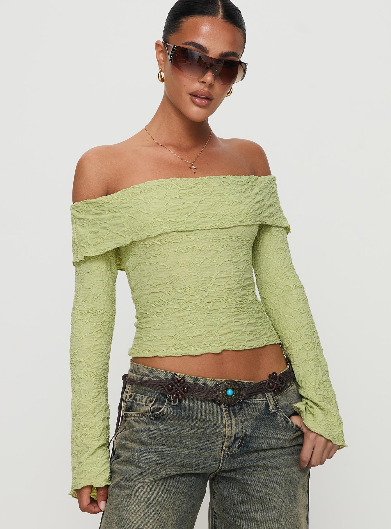Alternative view of Back With Love Off Shoulder Long Sleeve Top Green