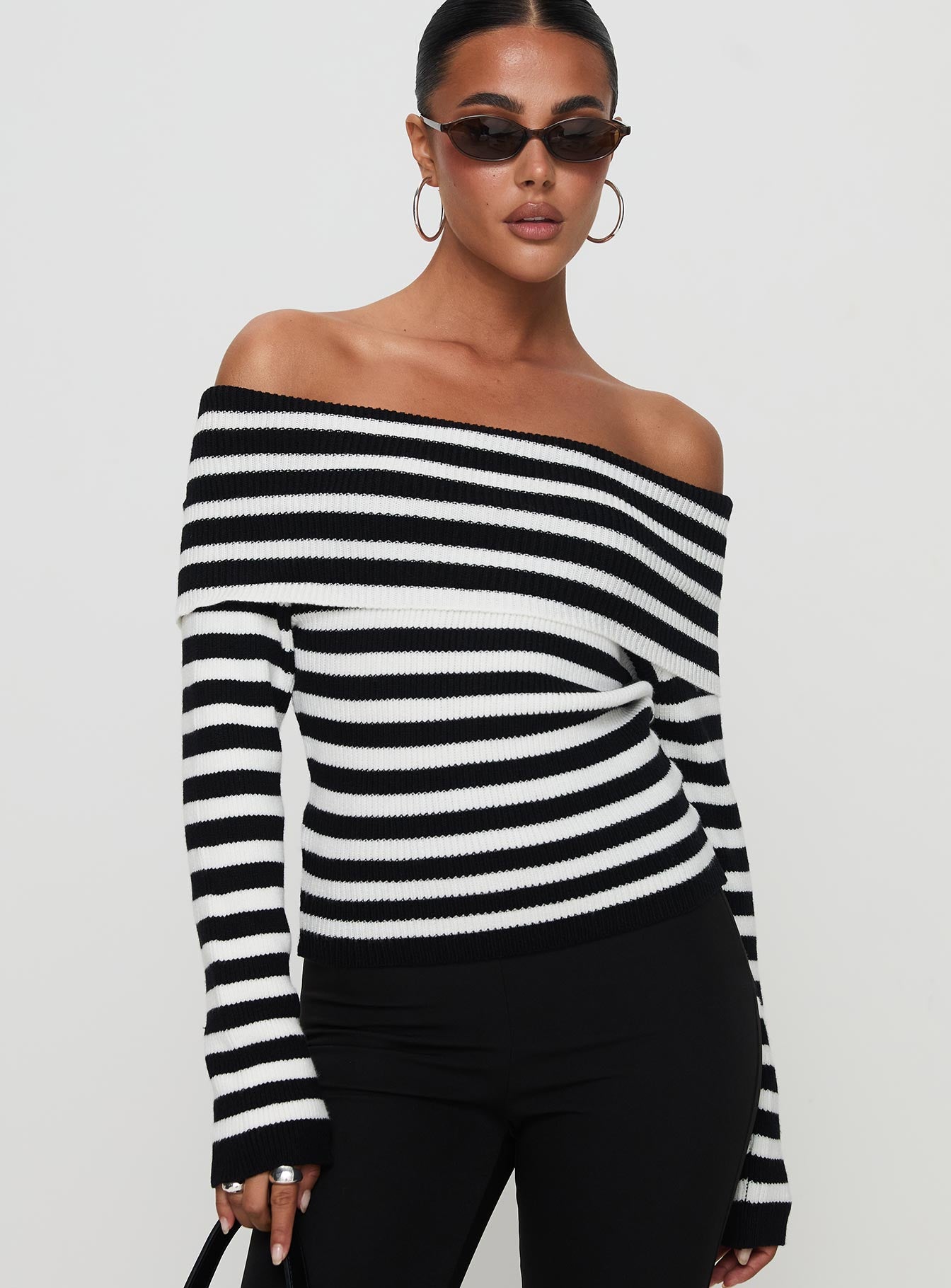 Alternative view of Danyel Off The Shoulder Sweater Black / White Stripe