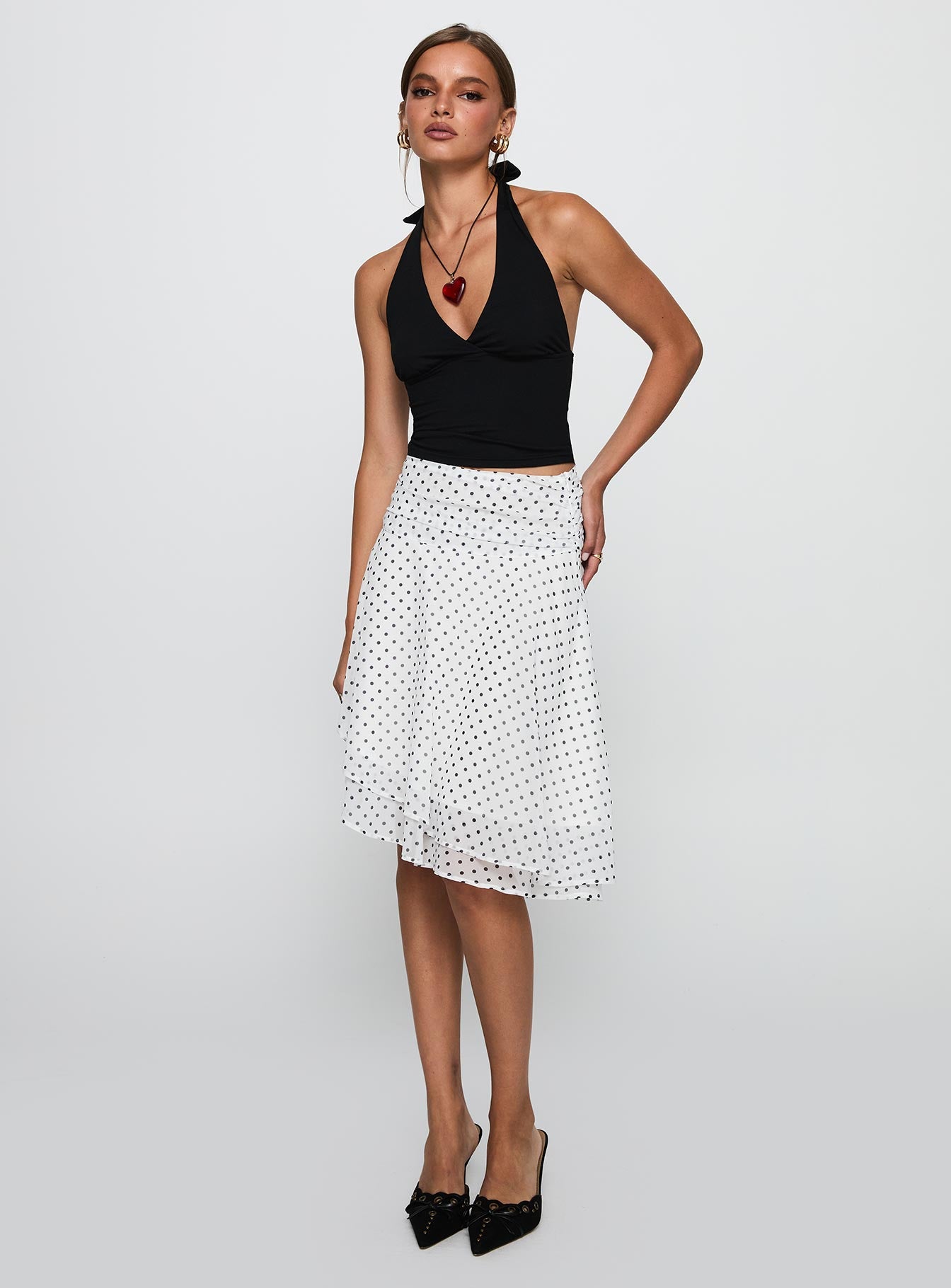 Alternative view of Evanescence Asymmetrical Midi Skirt White / Polka Dot