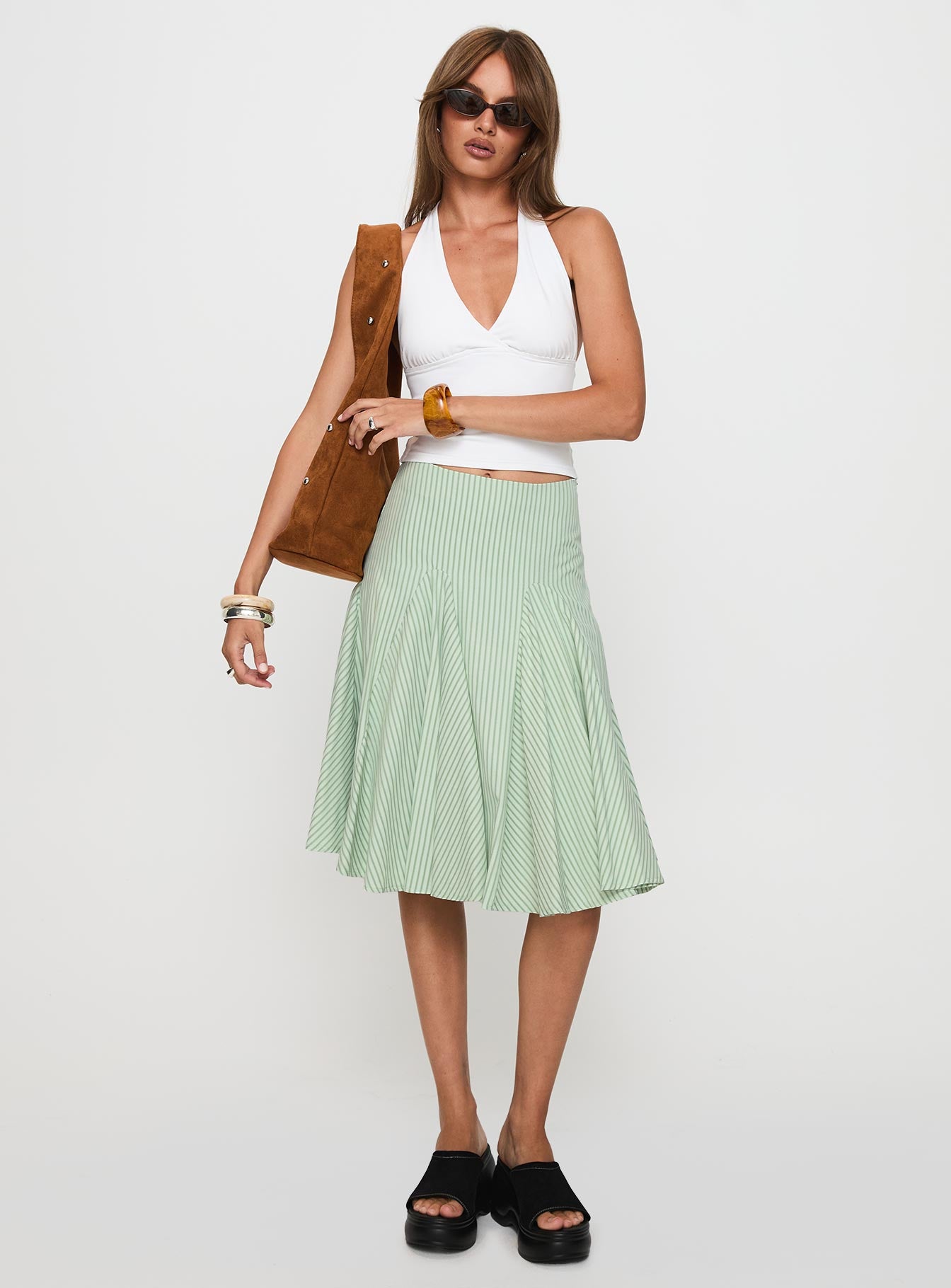 Alternative view of Evangaleine Pleat Midi Skirt Green / White