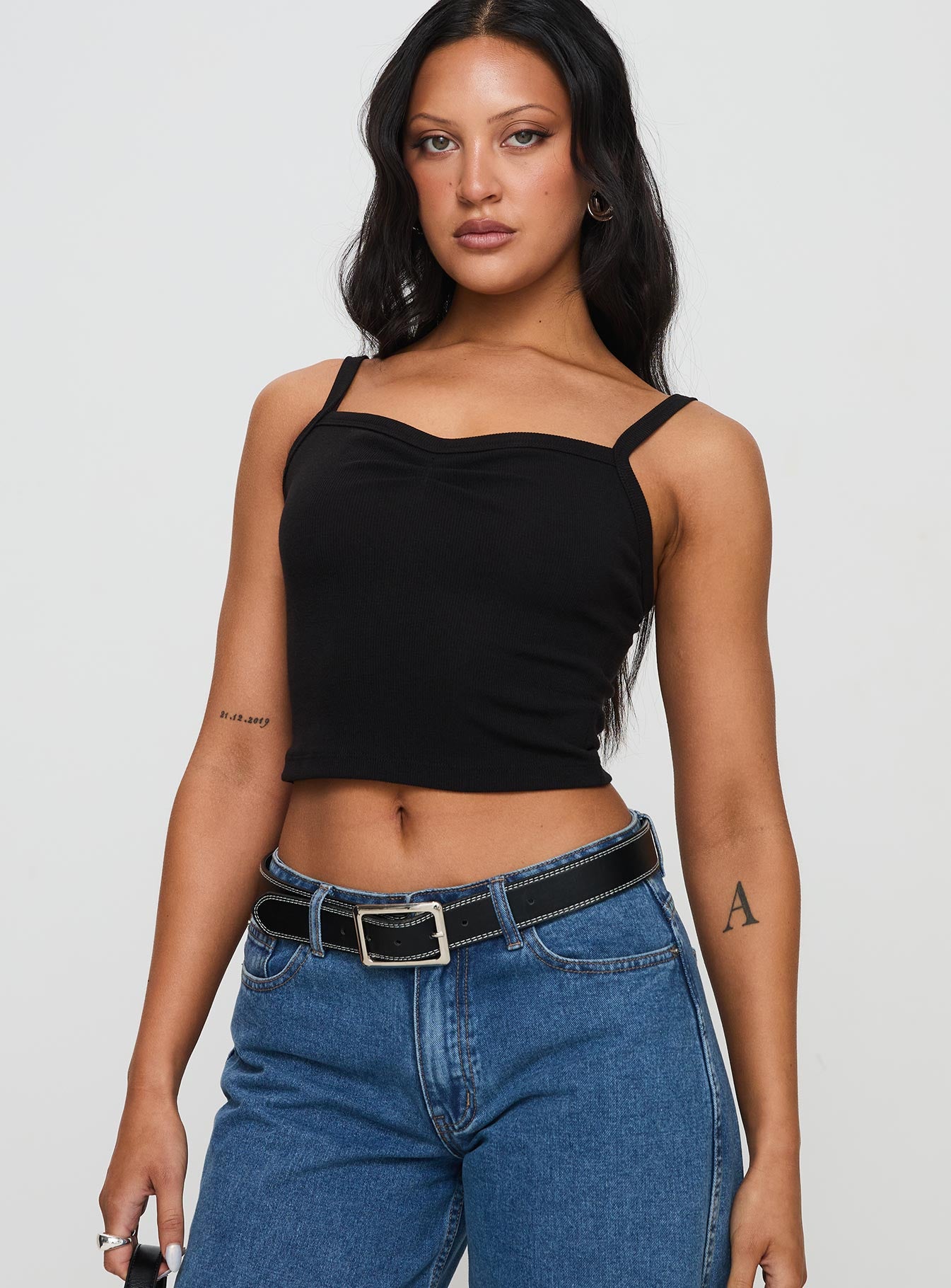 Alternative view of Essentials Ruched Rib Cami Top Black