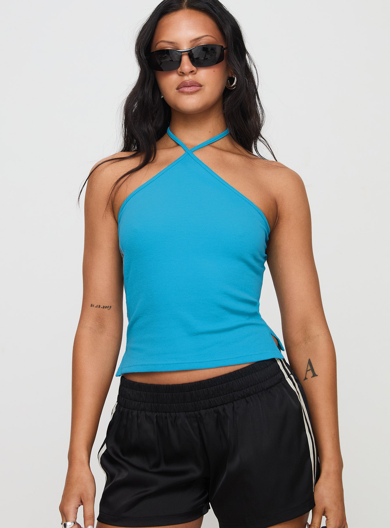 Alternative view of Baseline Halter Rib Top Blue