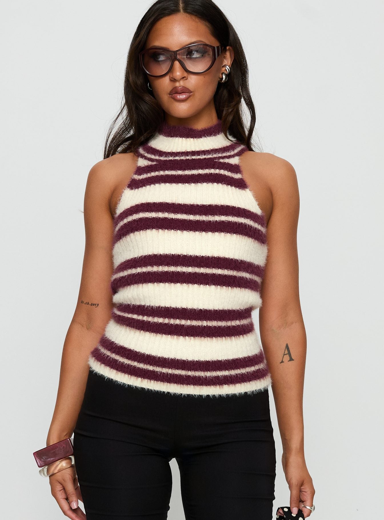 Alternative view of Heide High Neck Fluffy Top Burgundy Stripe