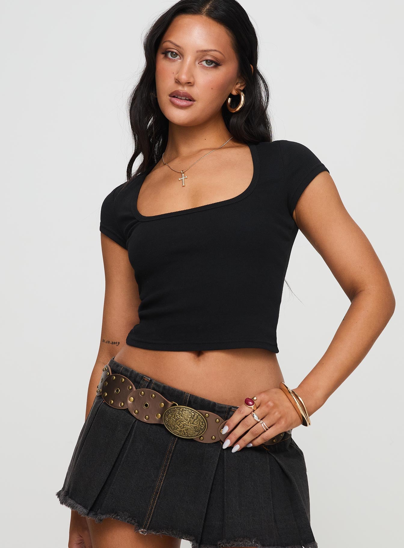 Alternative view of Baseline Square Neck Rib Top Black