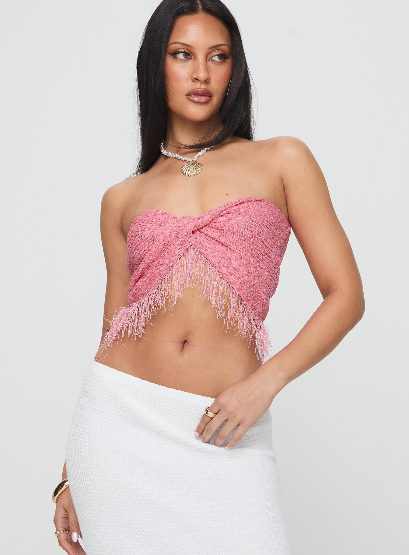 Alternative view of Kovac Reversible Fringe Tube Top Pink
