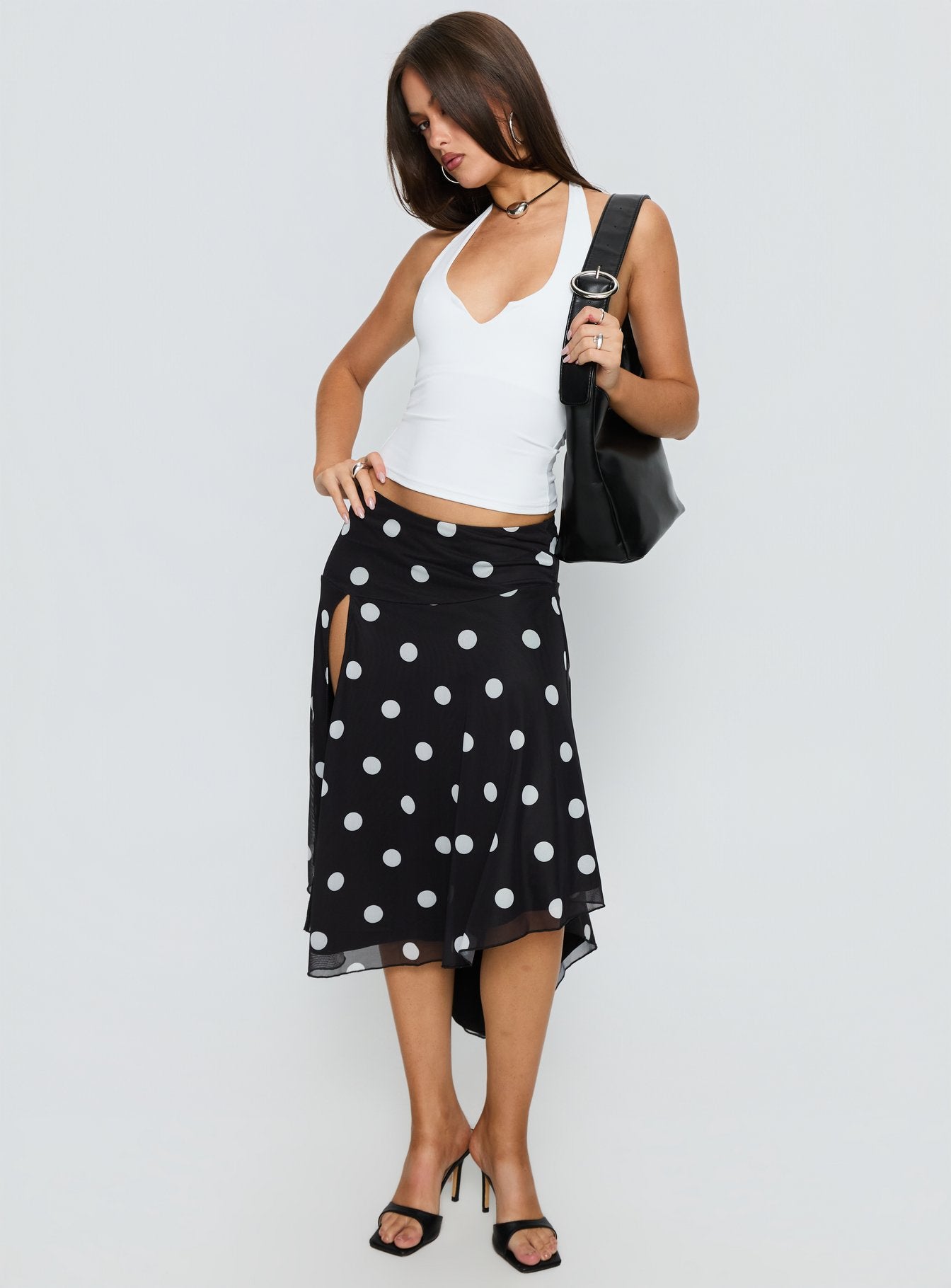 Alternative view of Dulciana High Split Asymmetrical Midi Skirt Black / Polka Dot