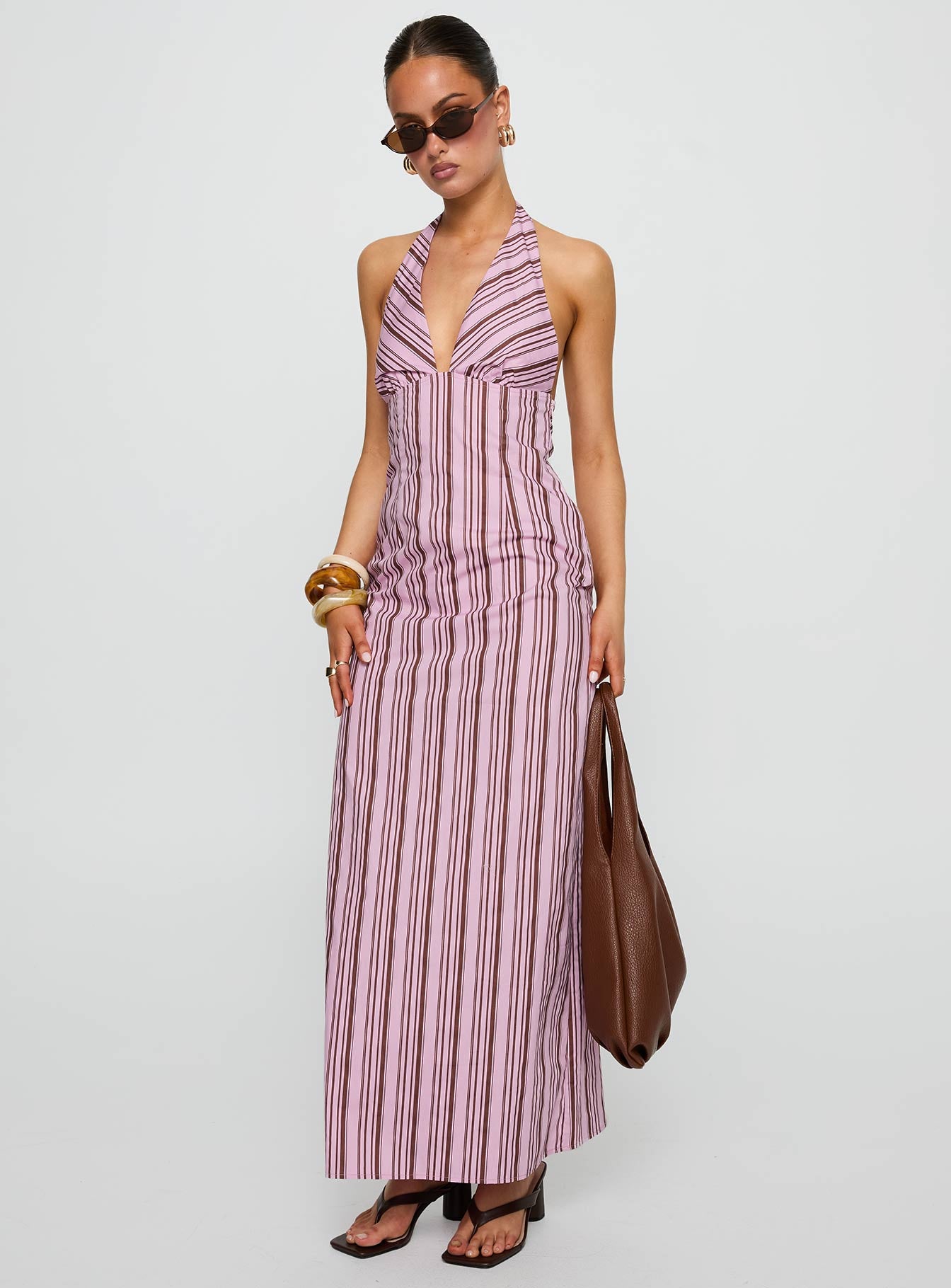 Alternative view of Avrie Halter Maxi Dress Pink / Brown Stripe