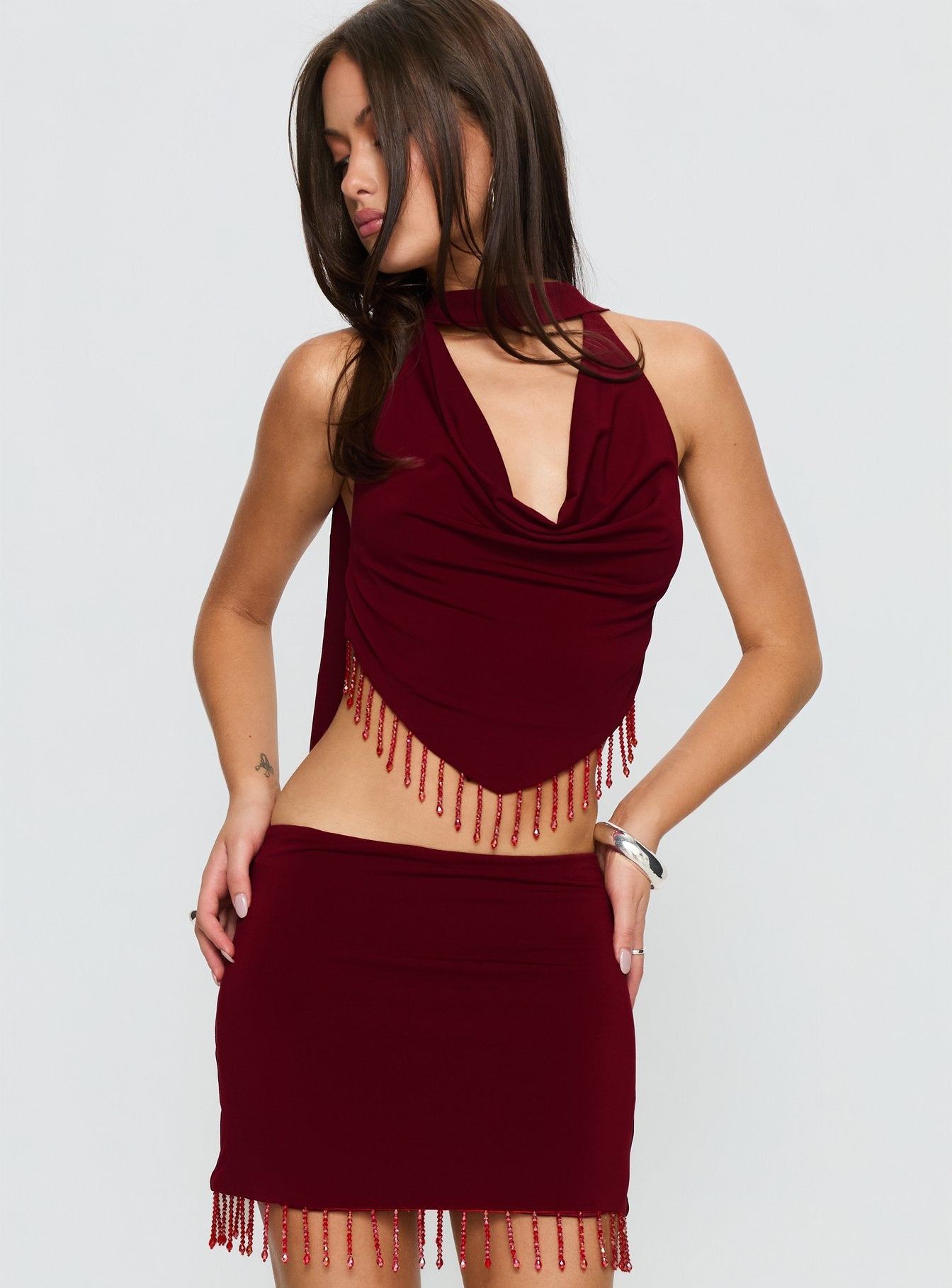 Alternative view of Ginah Bead Tassel Cowl Neck Top Red