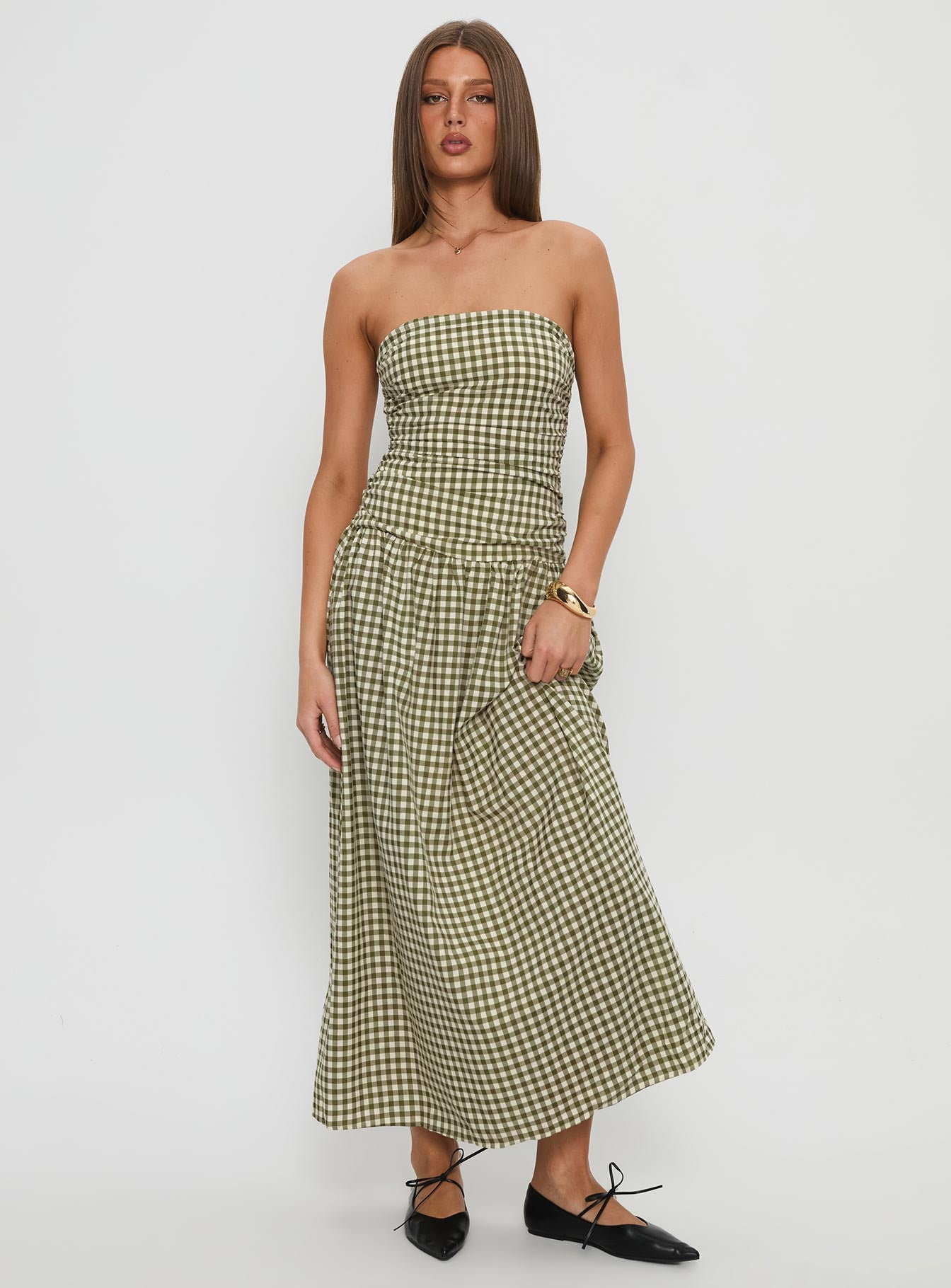 Alternative view of Frankey Strapless Drop Waist Maxi Dress Green Check