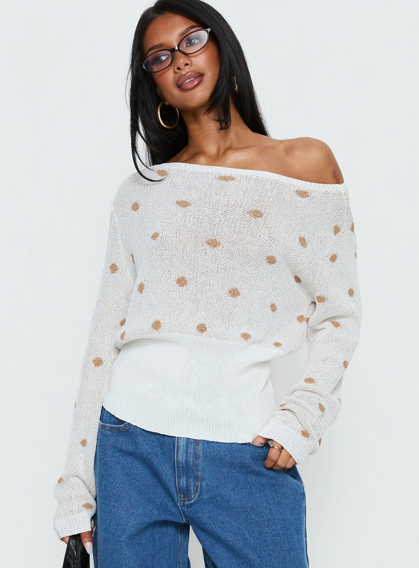 Alternative view of Harvy Off Shoulder Knit Sweater White Polka