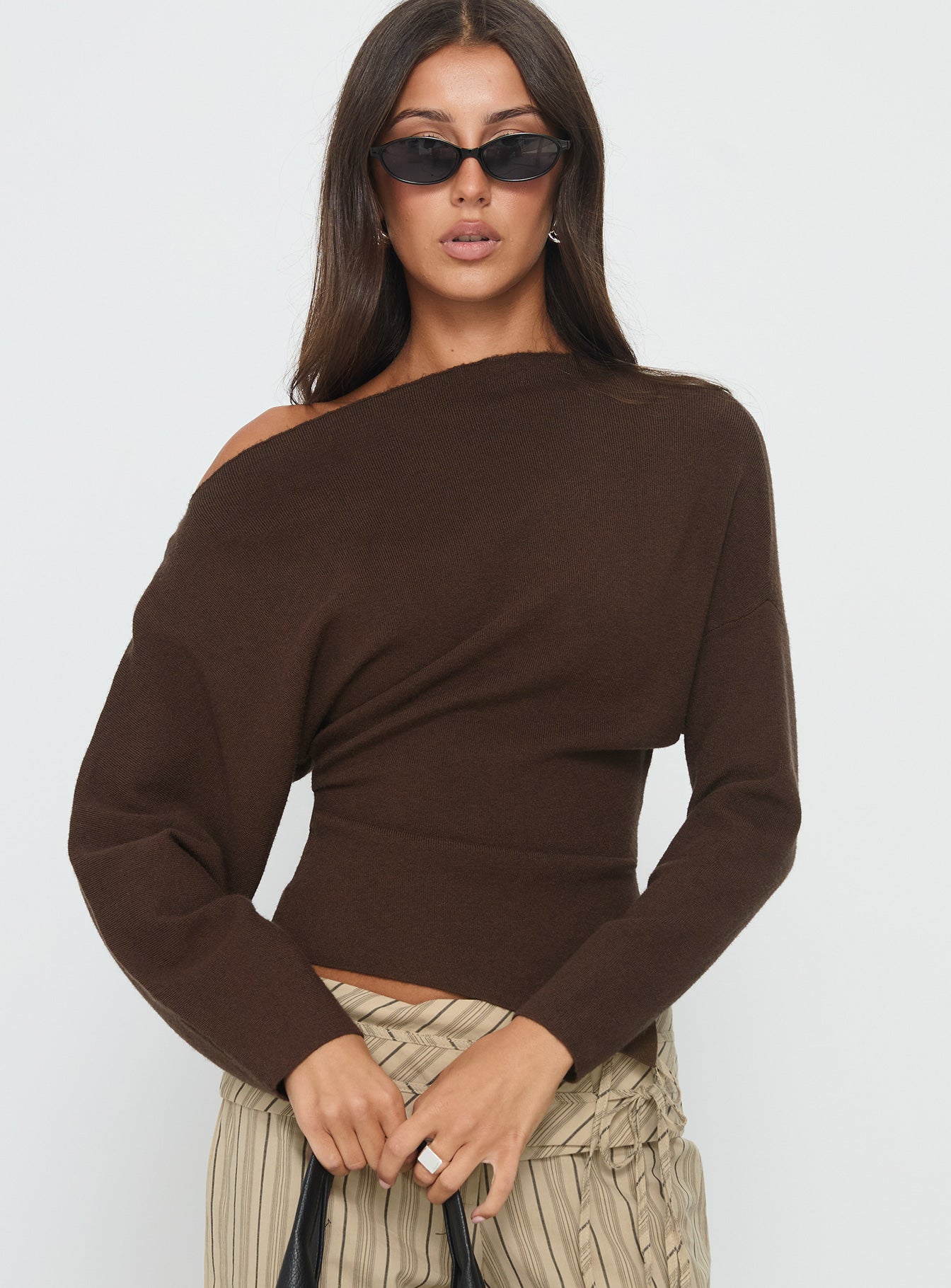 Alternative view of Kaelith Off Shoulder Knit Sweater Brown