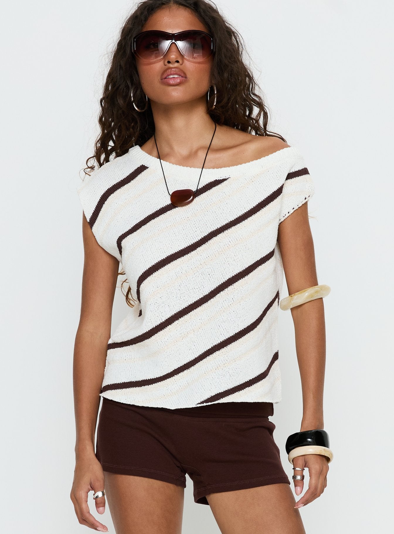 Alternative view of Ashfield Off Shoulder Top White / Beige Stripe