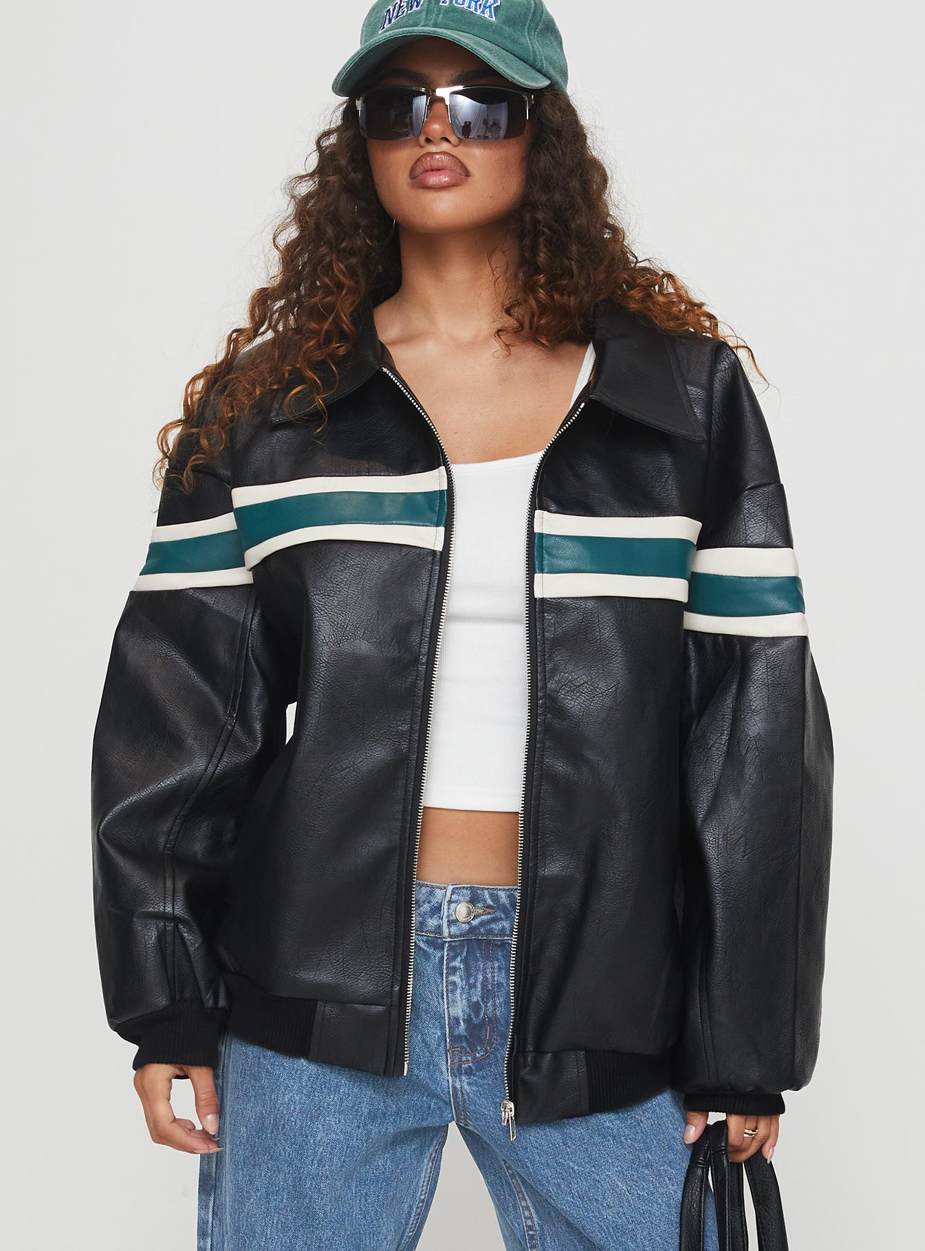 Alternative view of Goldsmith Faux Leather Bomber Jacket Black / Green