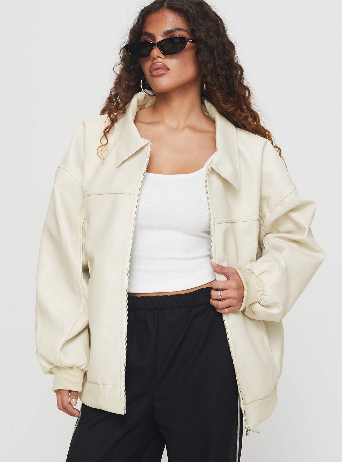 Alternative view of Goldsmith Faux Leather Bomber Jacket Cream