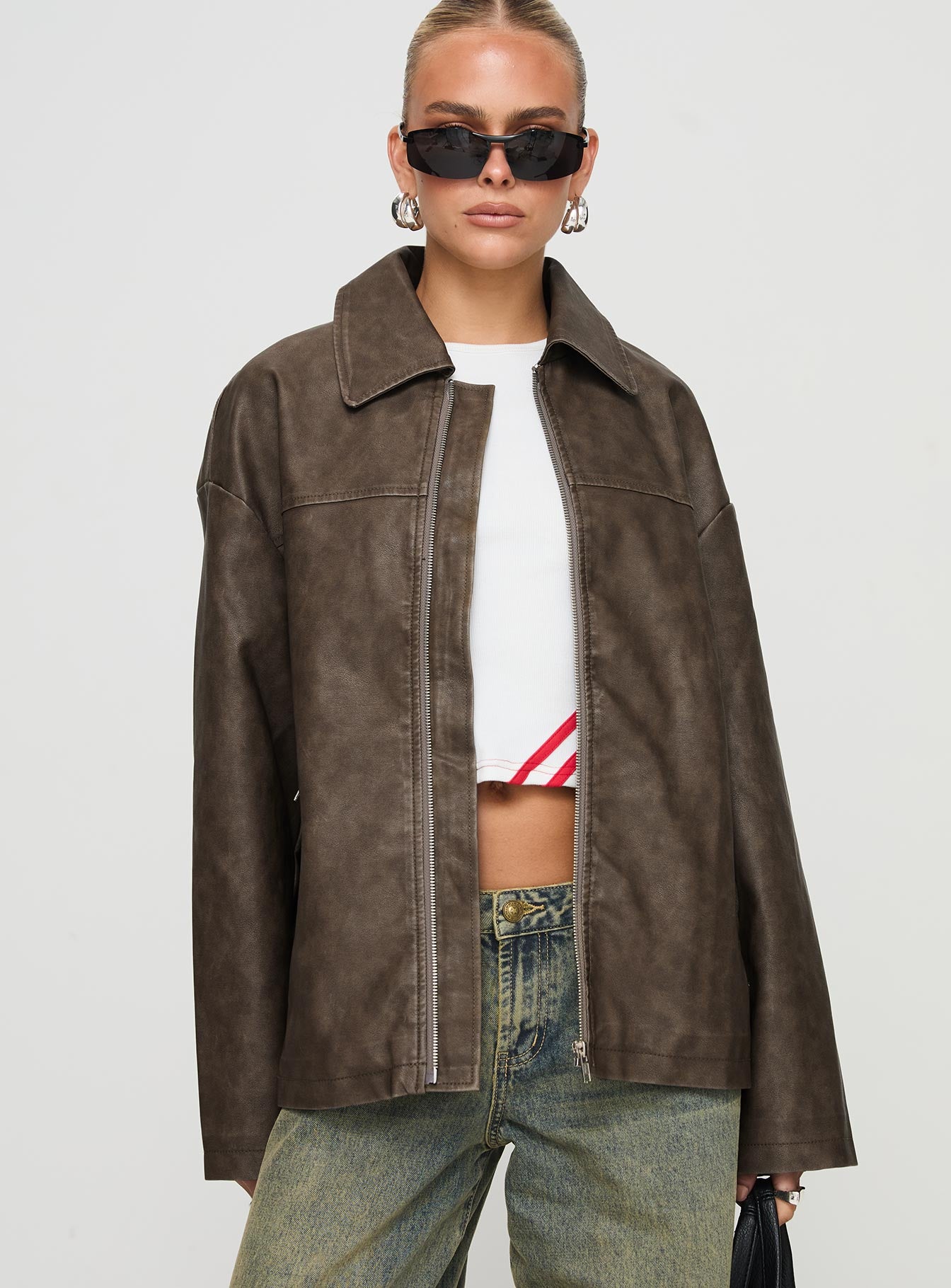 Alternative view of Faux Leather Collared Dad Jacket Washed Brown