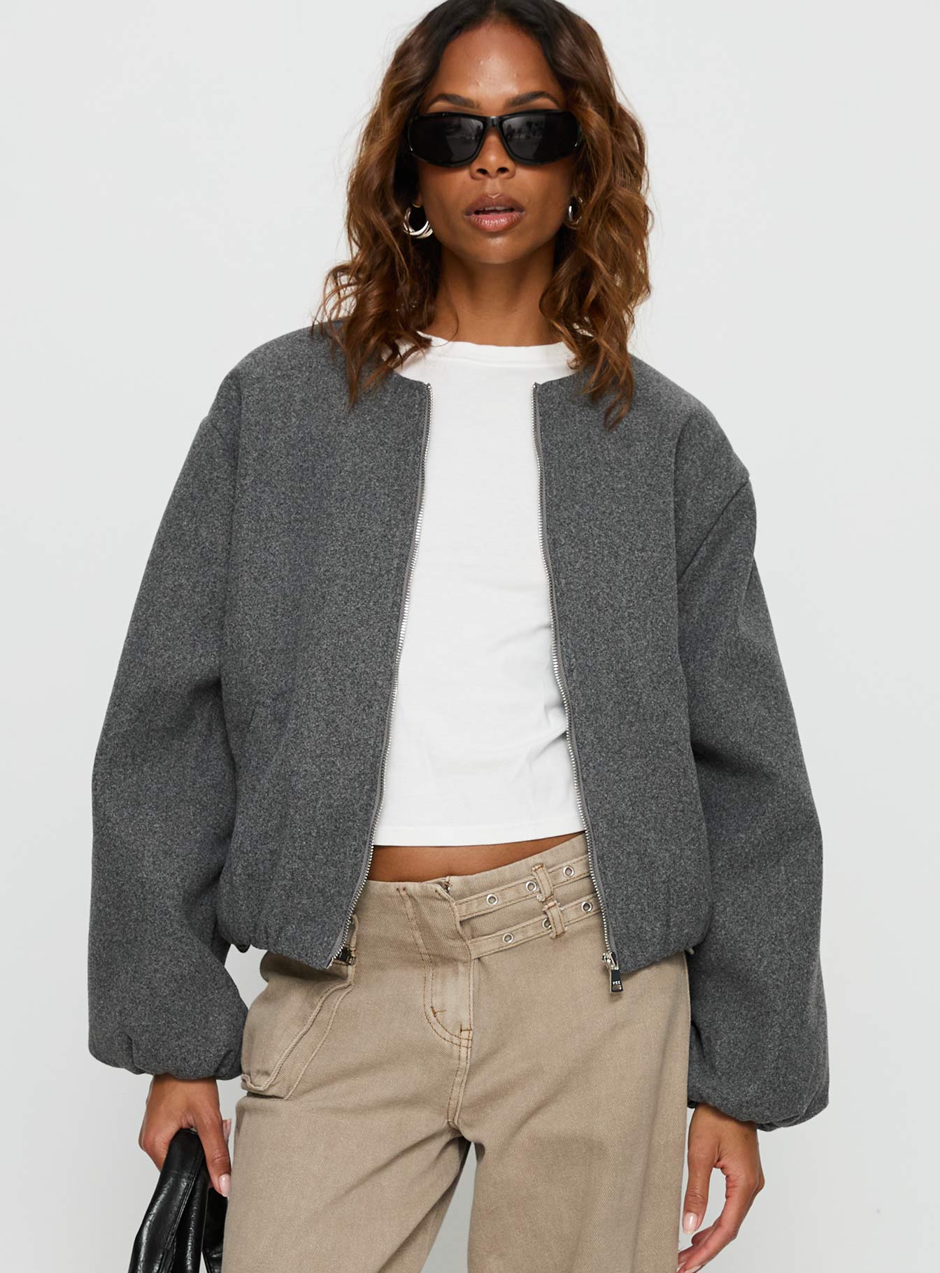 Alternative view of Karletta Cropped Bomber Jacket Grey