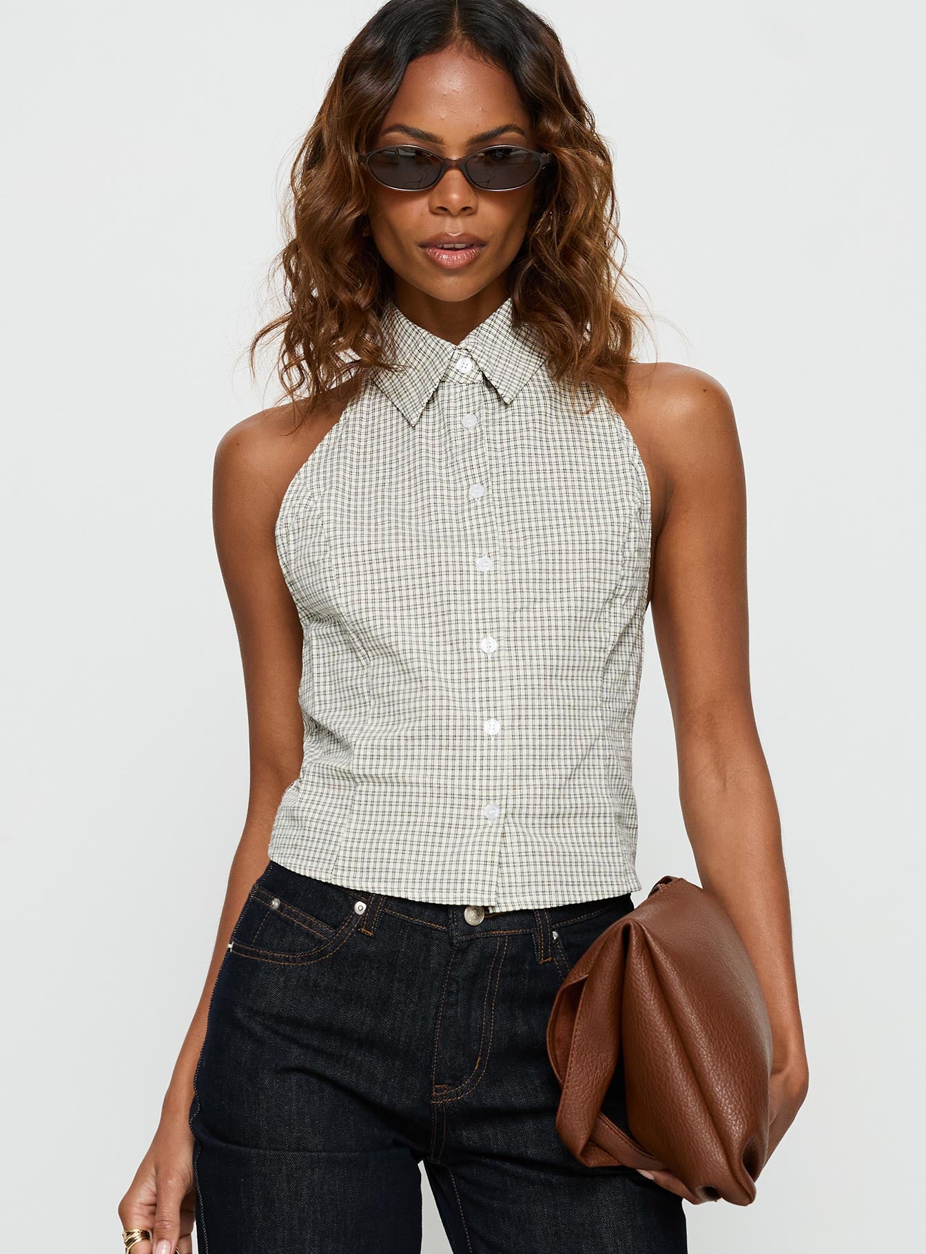 Alternative view of Different Dimensions Sleeveless Collared Top Check