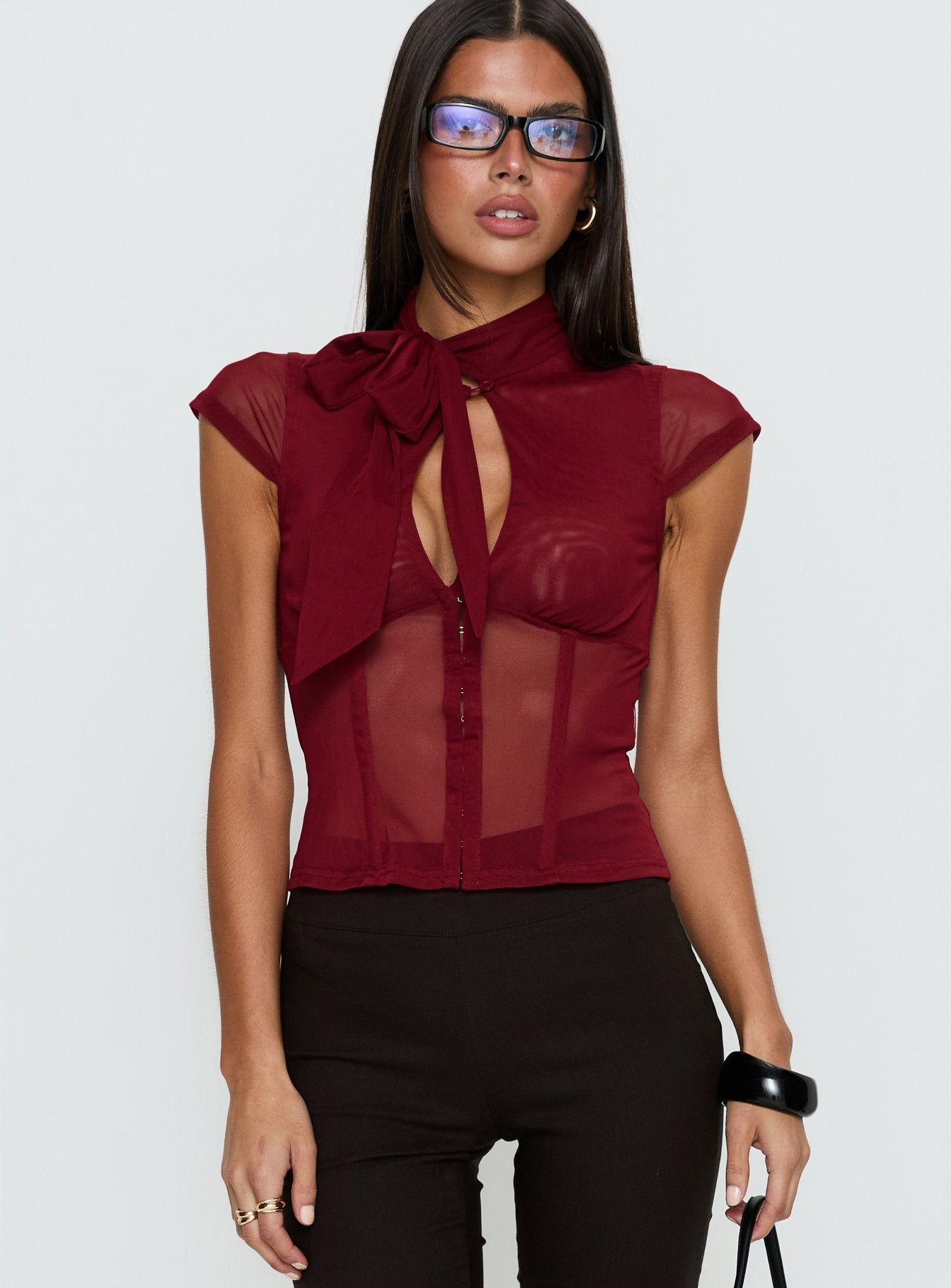 Alternative view of Anistasia Mesh Keyhole Corset Top Burgundy