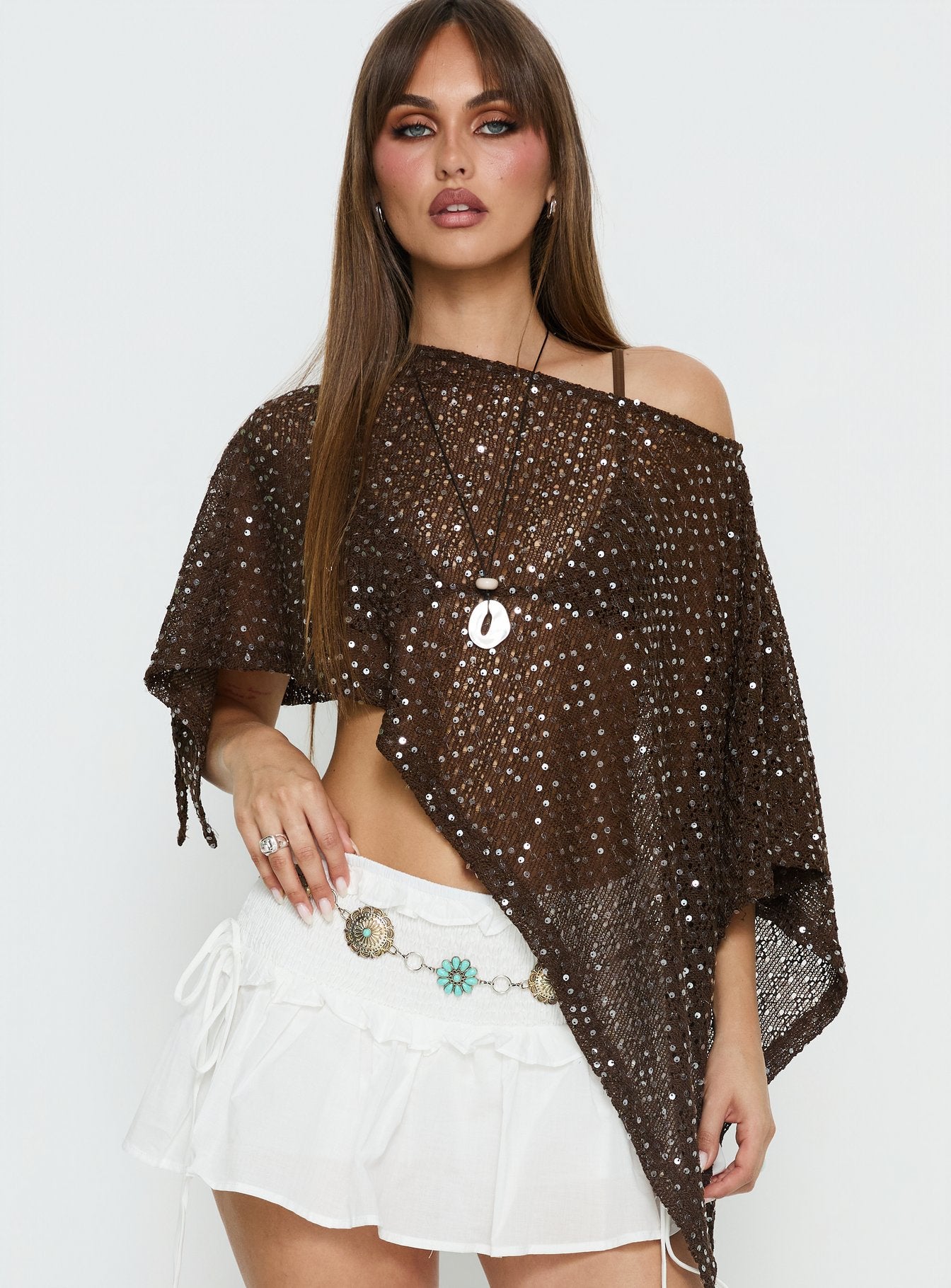 Alternative view of Grotto Asymmetrical Boat Neck Poncho Brown Sparkle
