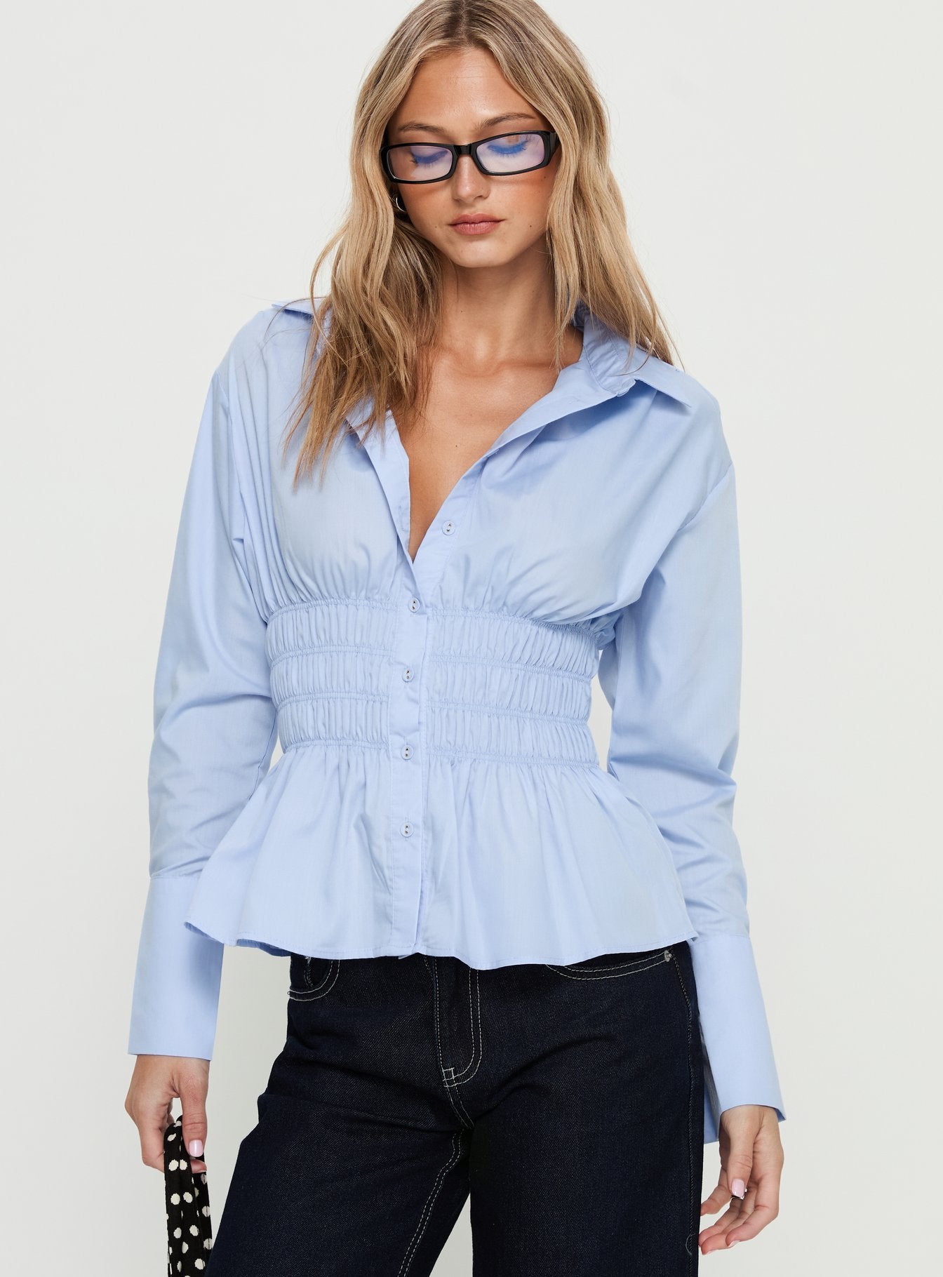 Alternative view of As You Are Shirred Button Up Top Soft Blue