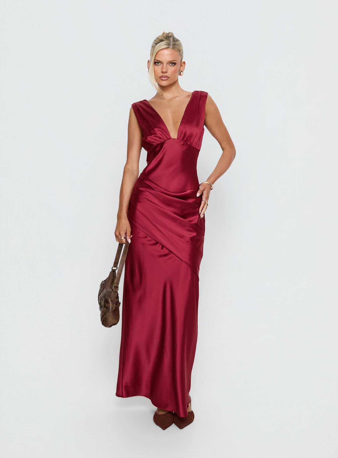 Alternative view of False Alarm Plunge Asymmetrical Pleat Maxi Dress Red