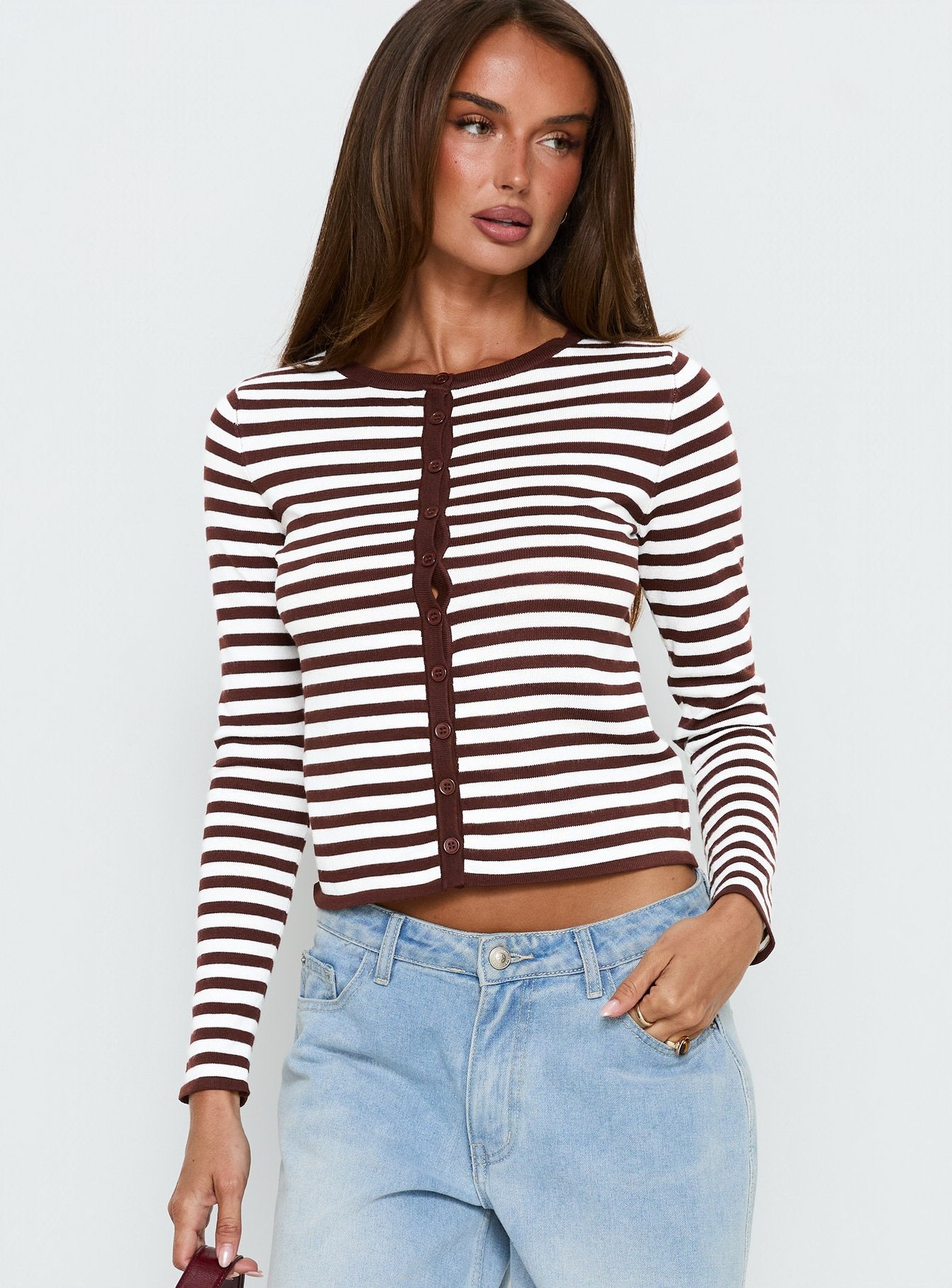 Alternative view of Elcie Button Up Cardigan Brown Stripe