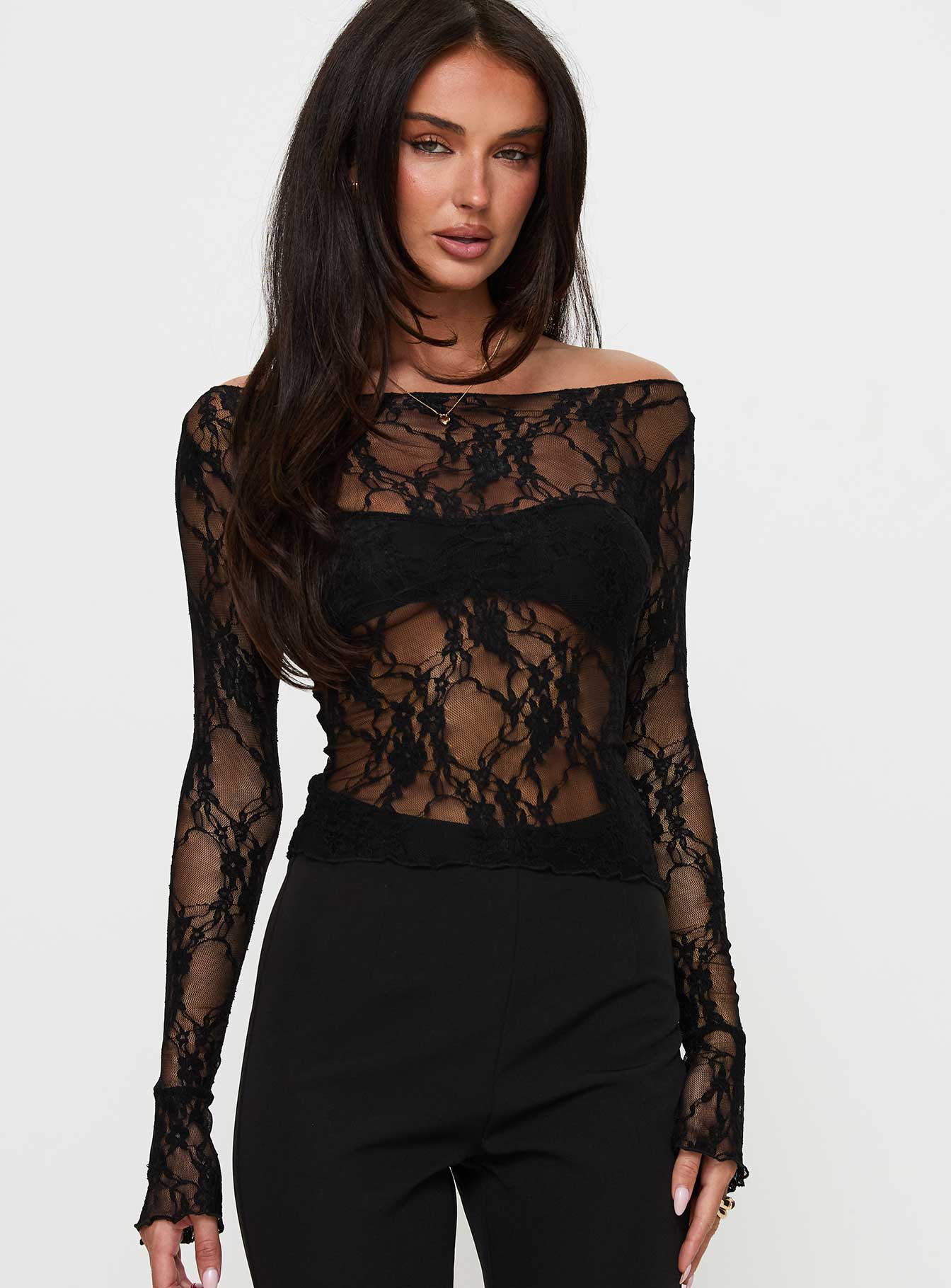 Alternative view of Junah Sheer Lace Long Sleeve Top Black