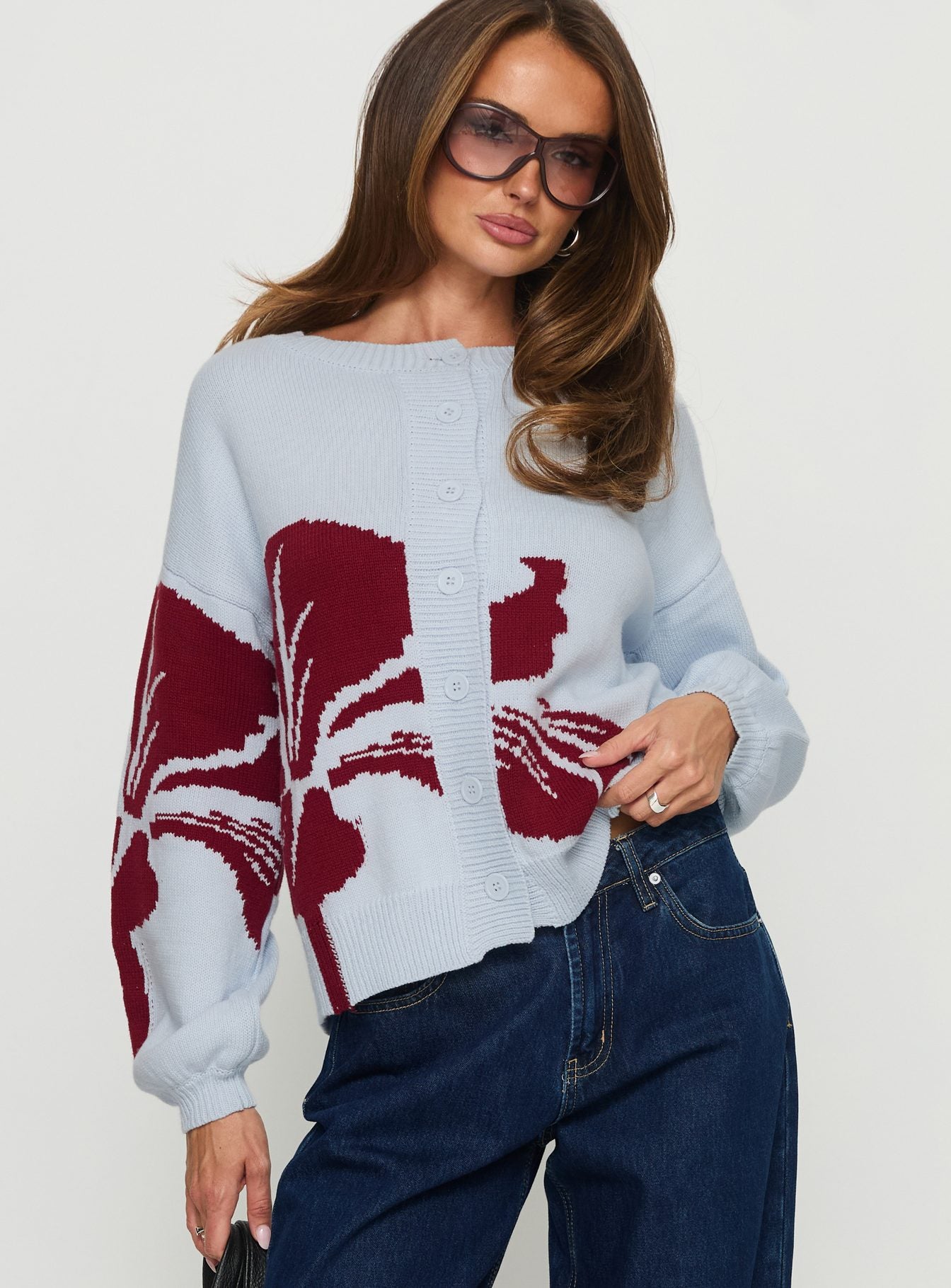 Alternative view of Jalenn Floral Knit Cardigan Blue / Red