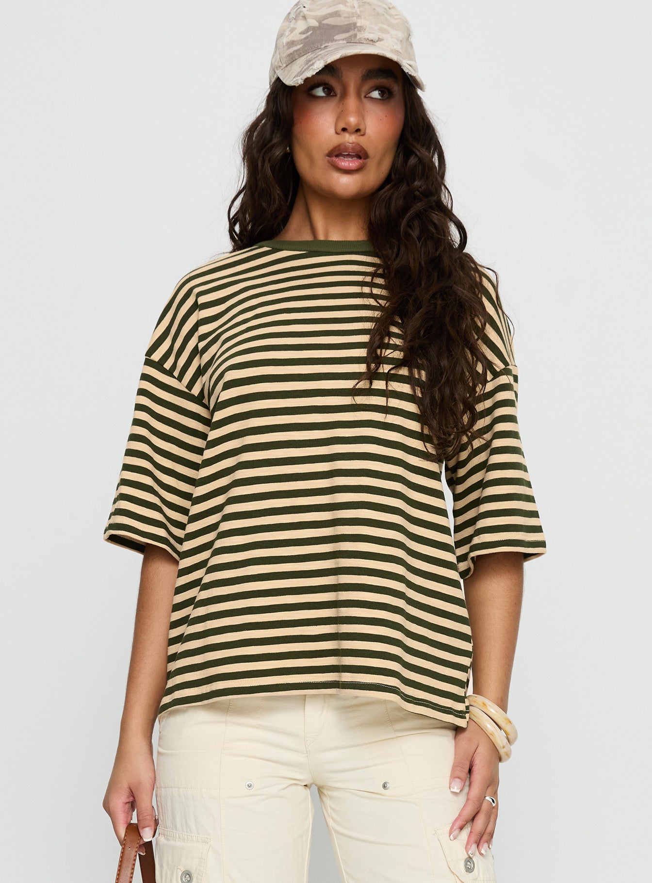Alternative view of Settle Down Short Sleeve Top Green / Cream Stripe
