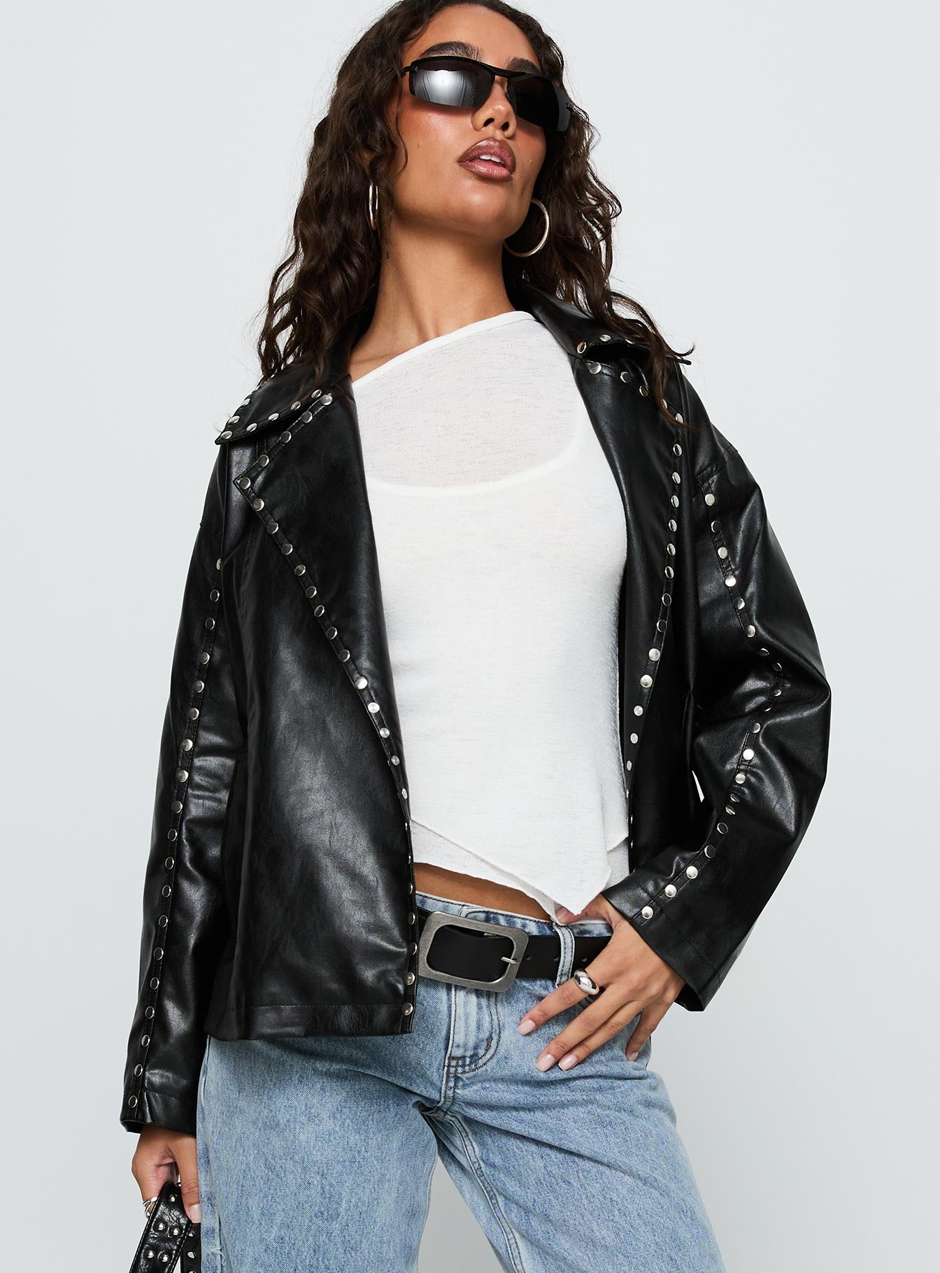 Alternative view of Kaeden Faux Leather Stud Detail Biker Jacket Black