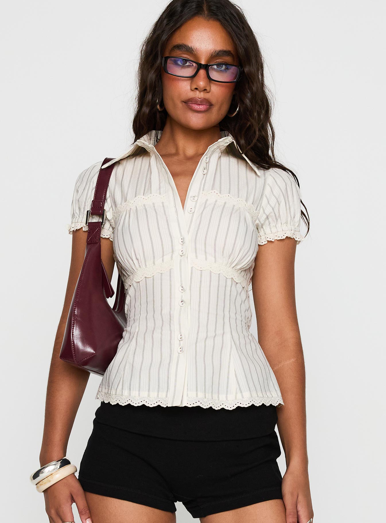 Alternative view of Deserve You Puff Sleeve Button Front Top Cream Stripe
