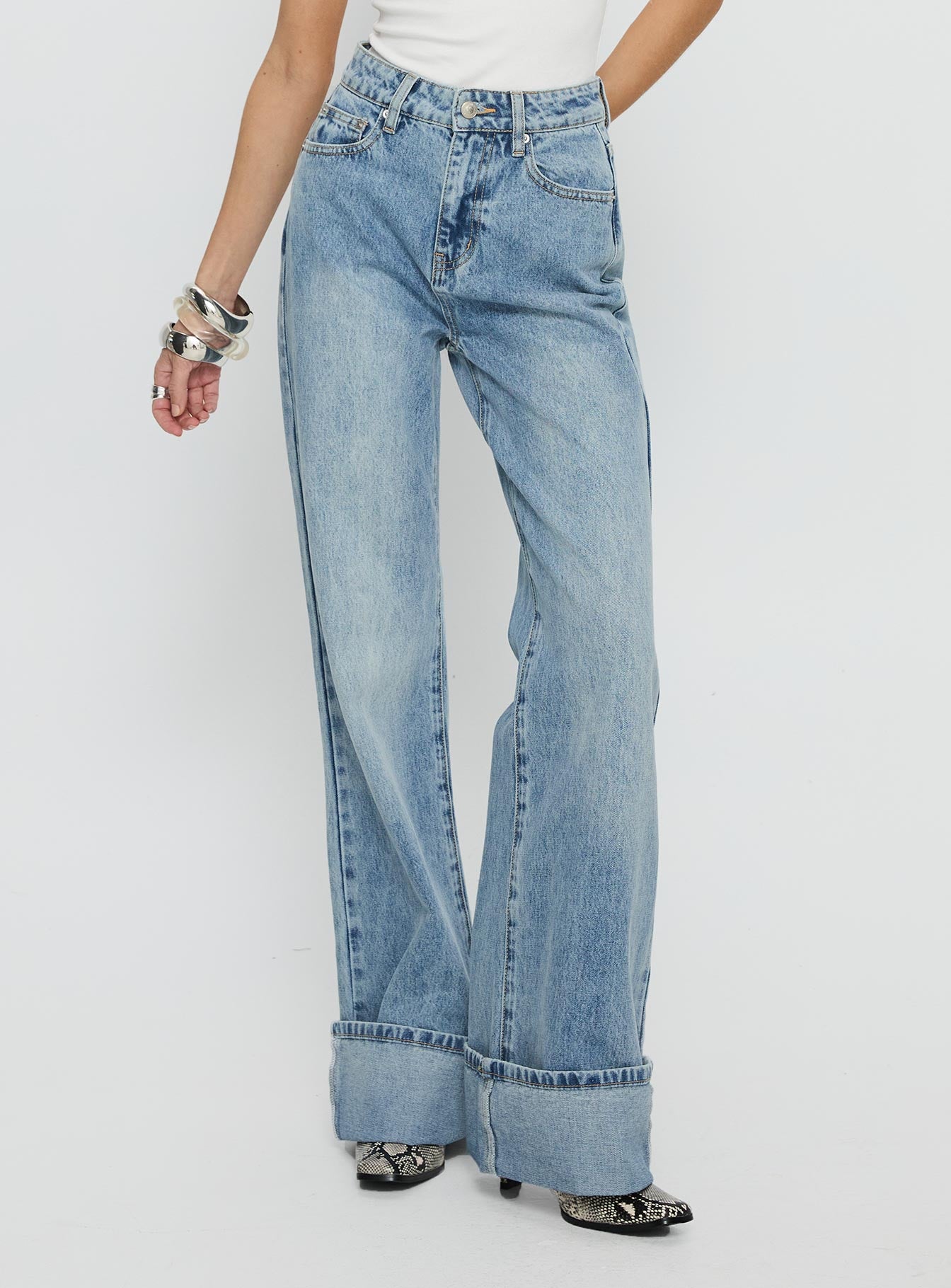 Alternative view of Florida Keys Mid Rise Straight Leg Cuffed Jeans Light Blue Wash