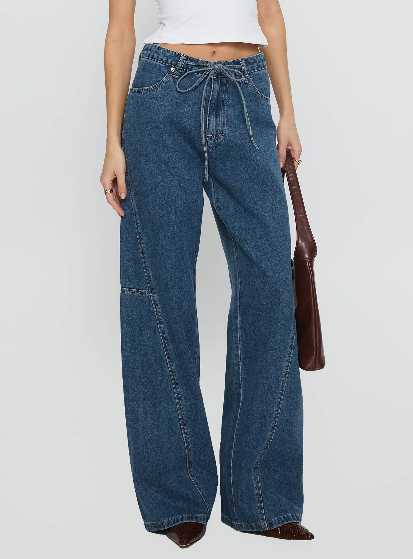 Alternative view of Bruiser Tie Waist Mid Rise Wide Leg Jeans Mid Blue Wash