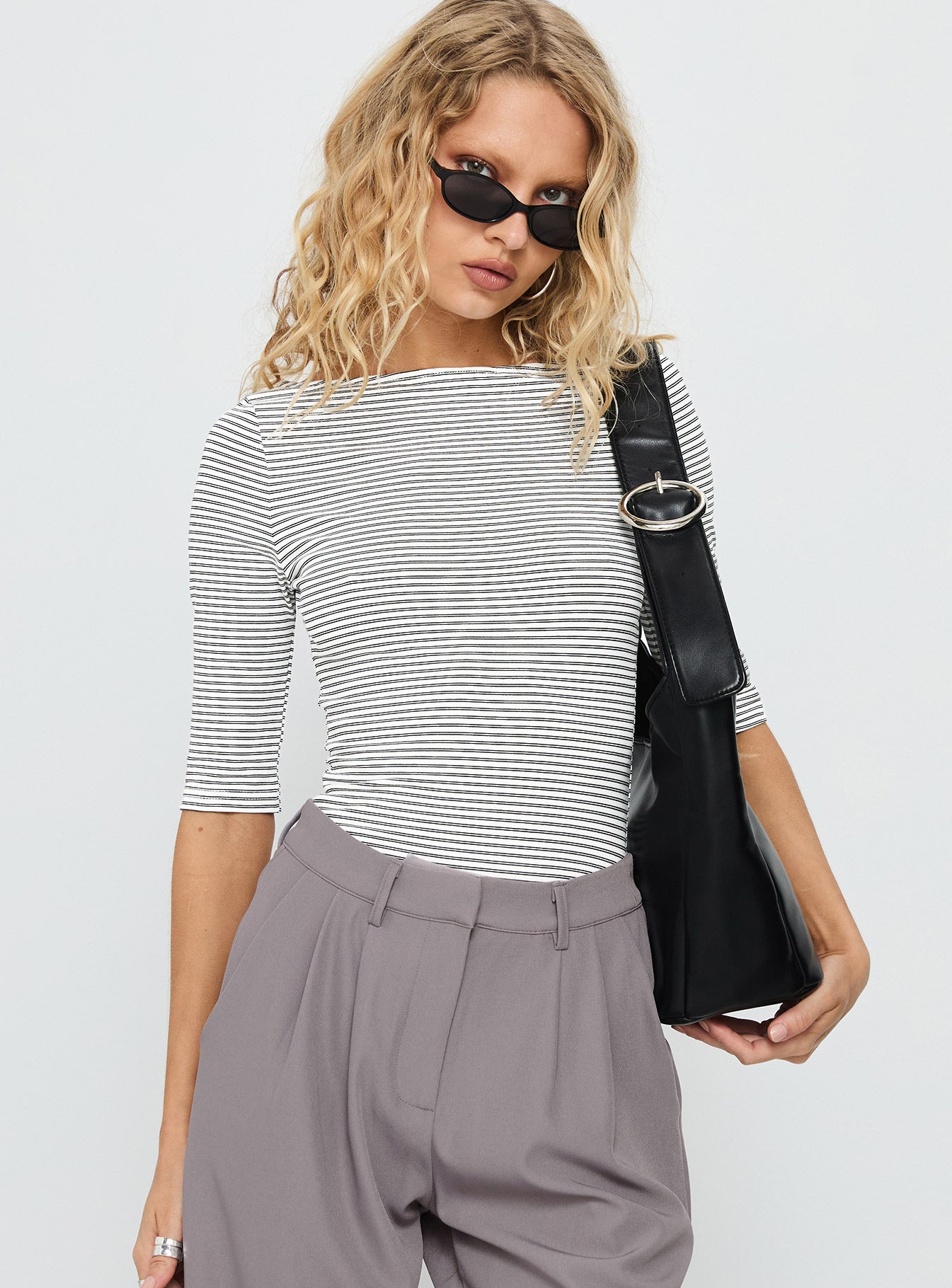 Alternative view of Here One Moment 3/4 Sleeve Bodysuit Black / White Stripe