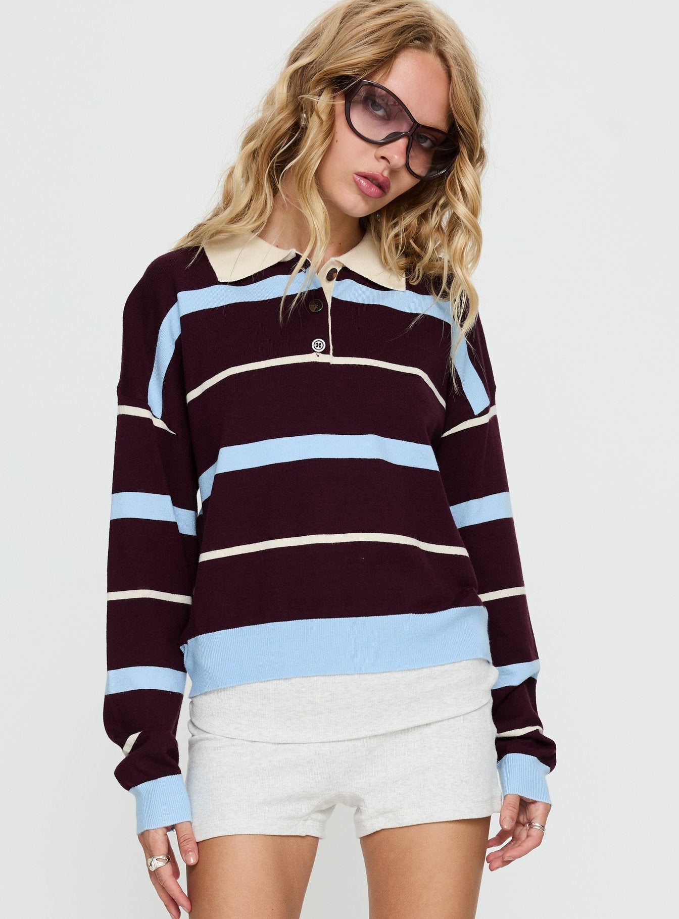 Alternative view of Aiyanna Collared Rugby Jersey Brown / Blue Stripe
