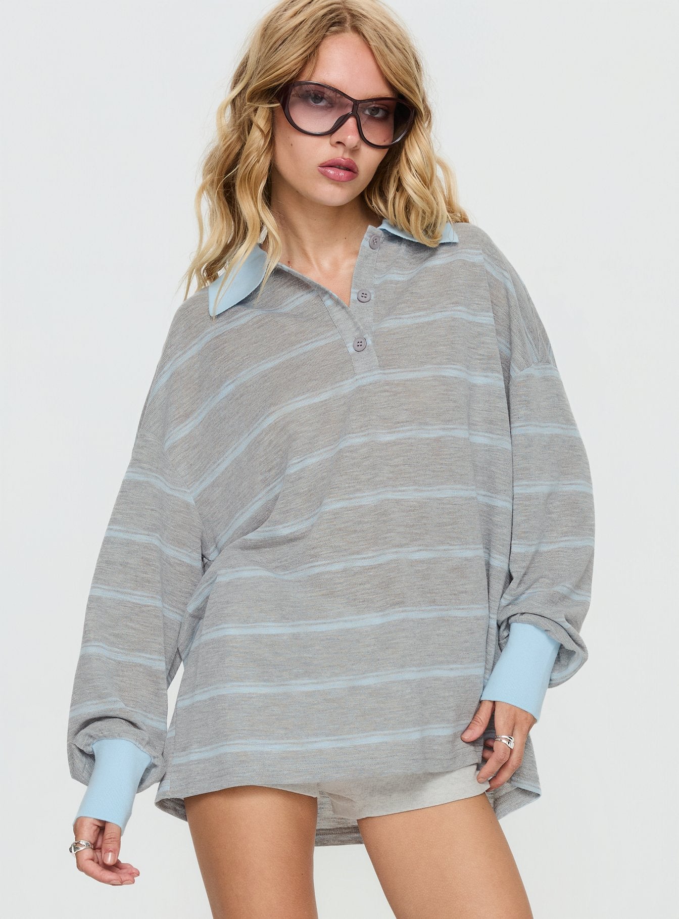 Alternative view of Aleka Long Sleeve Rugby Jersey Grey / Blue Stripe