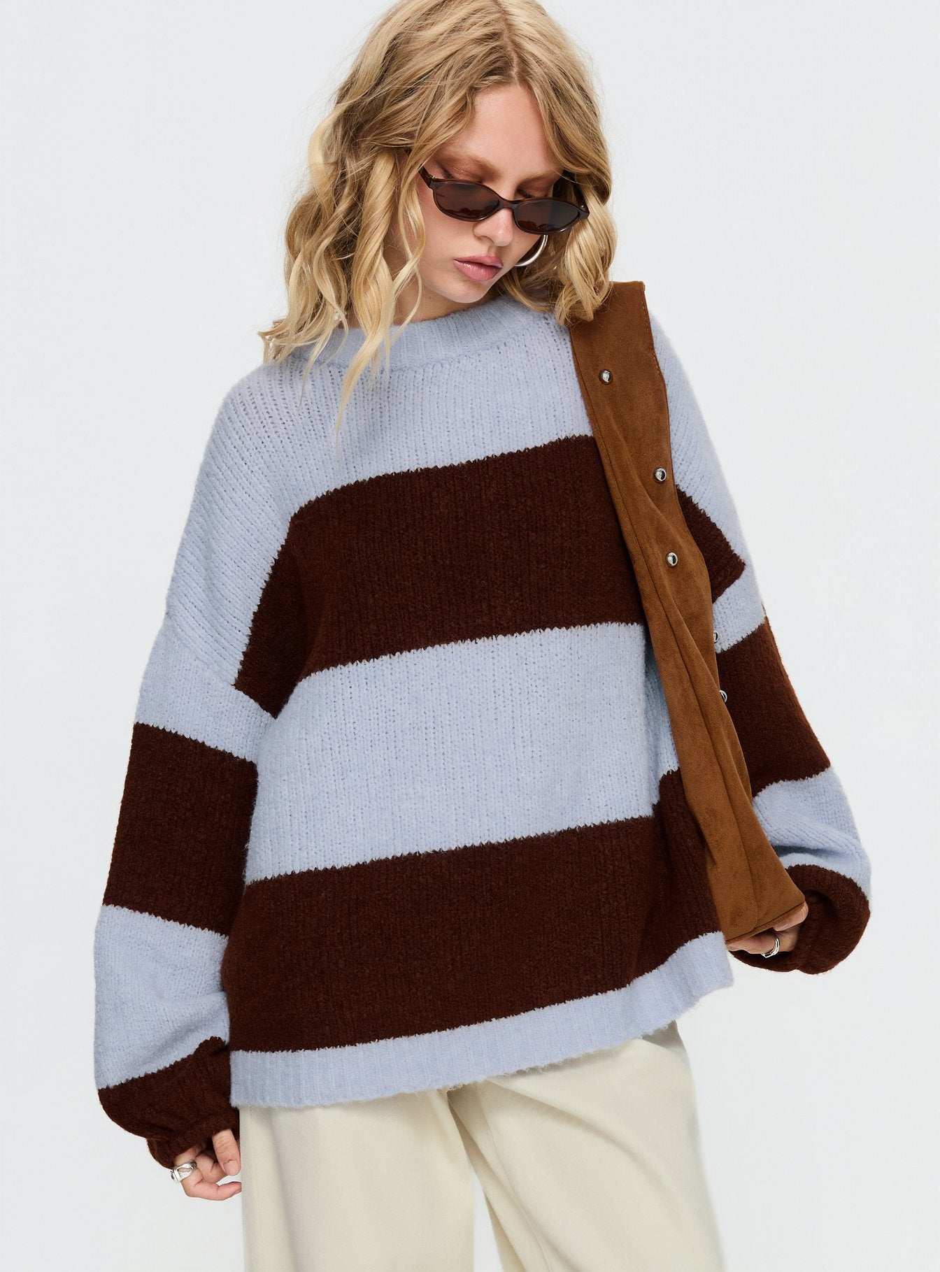 Alternative view of Bastien Crew Neck Knit Sweater Blue / Chocolate Stripe