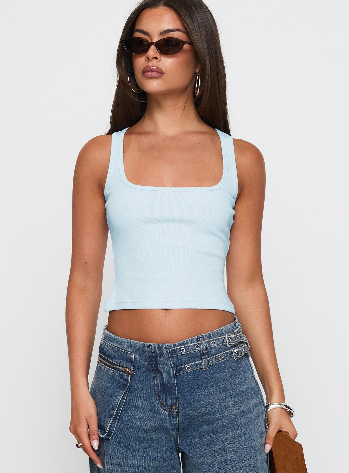 Alternative view of Baseline Square Neck Rib Tank Top Light Blue