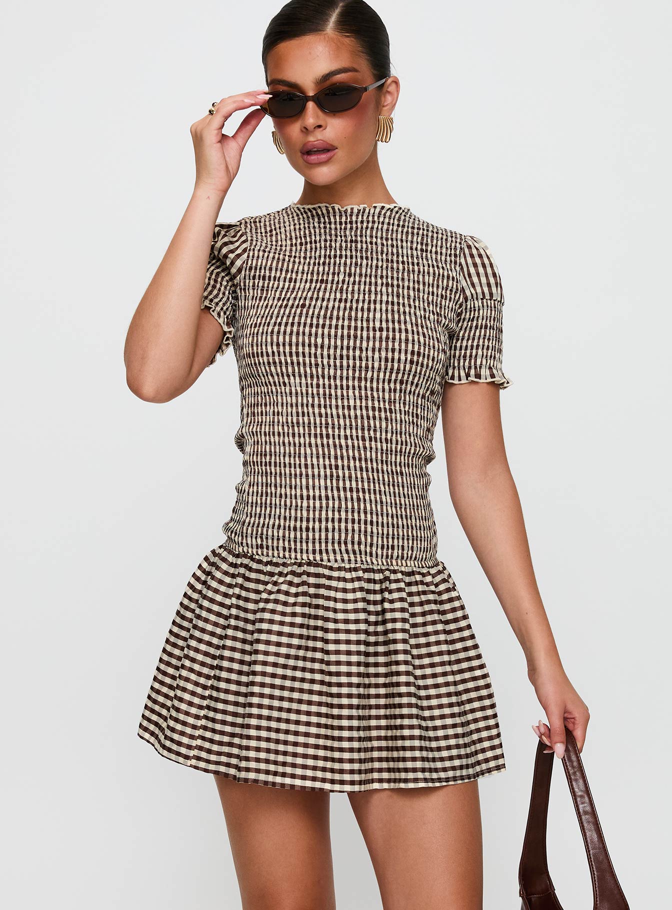 Alternative view of Laurita Shirred Mini Dress Brown Check