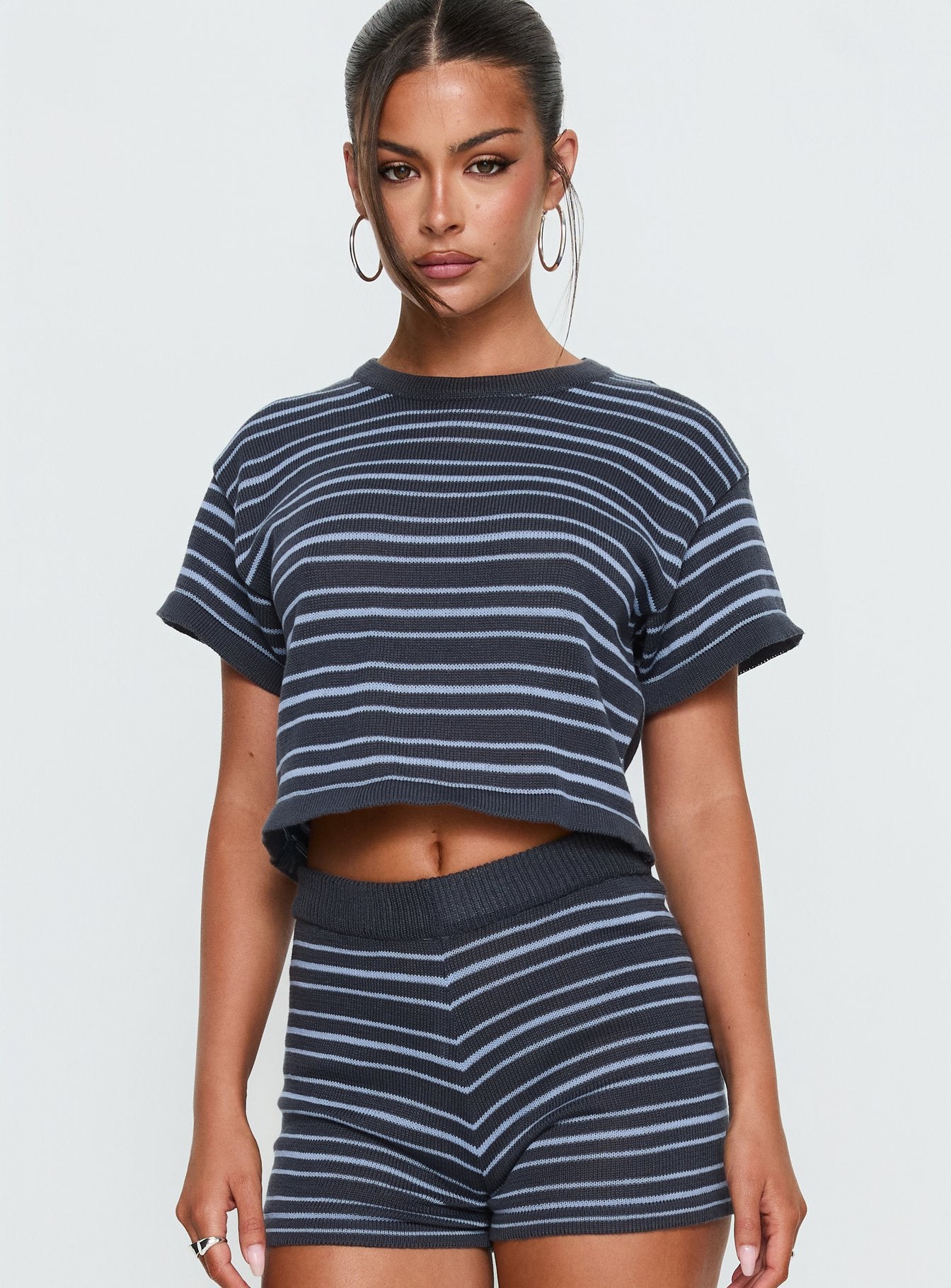 Alternative view of Arlynn Knit Cropped Crew Neck Top Blue Stripe